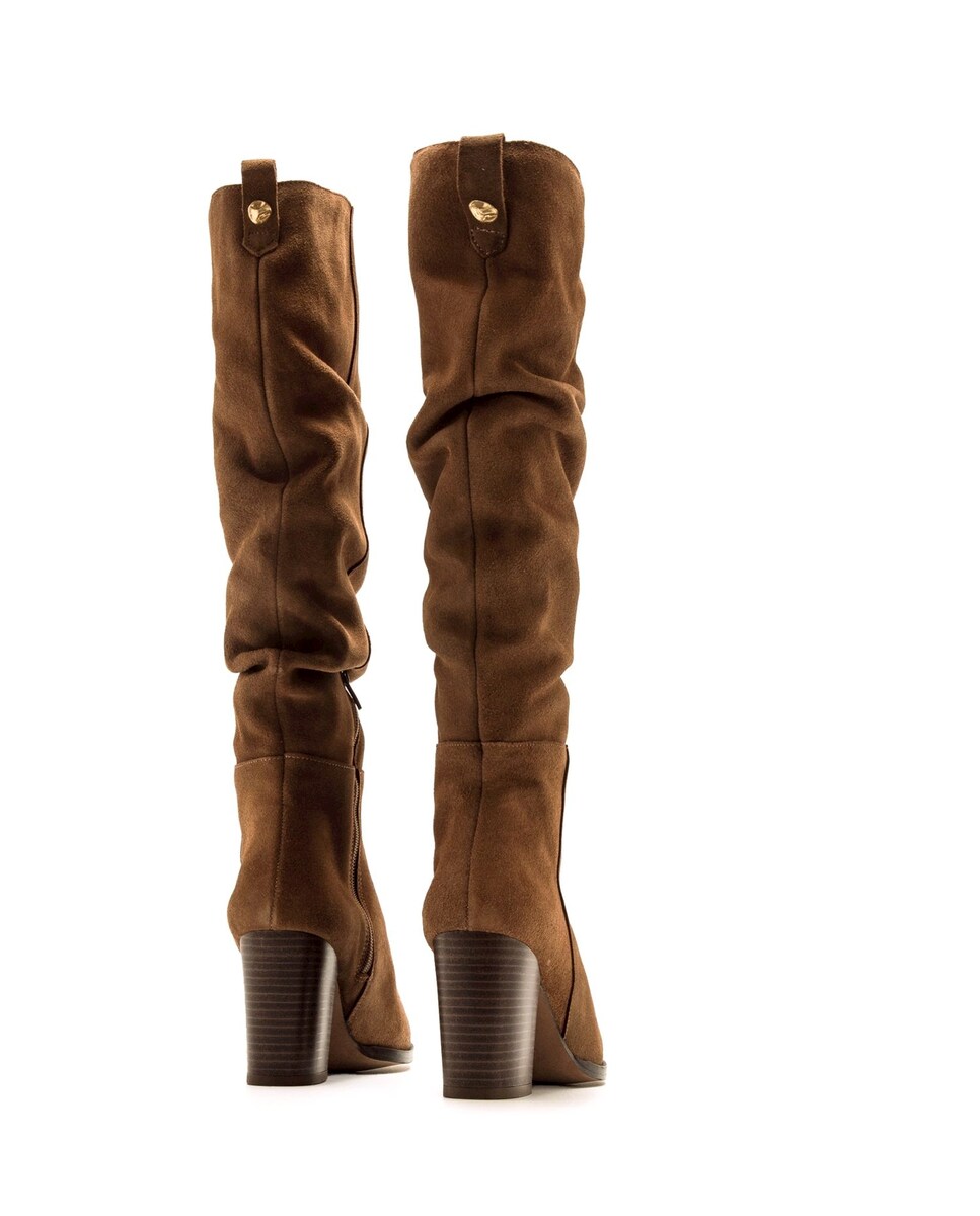 Botas Altas de Salto em Pele de Camurça com Cano Franzido Castanho-3