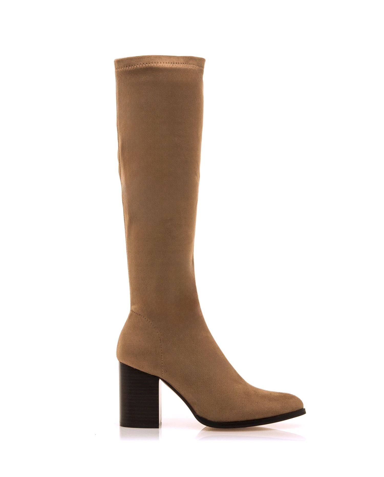 Botas Básicas Altas em Têxtil com Tacão Largo Bege-1