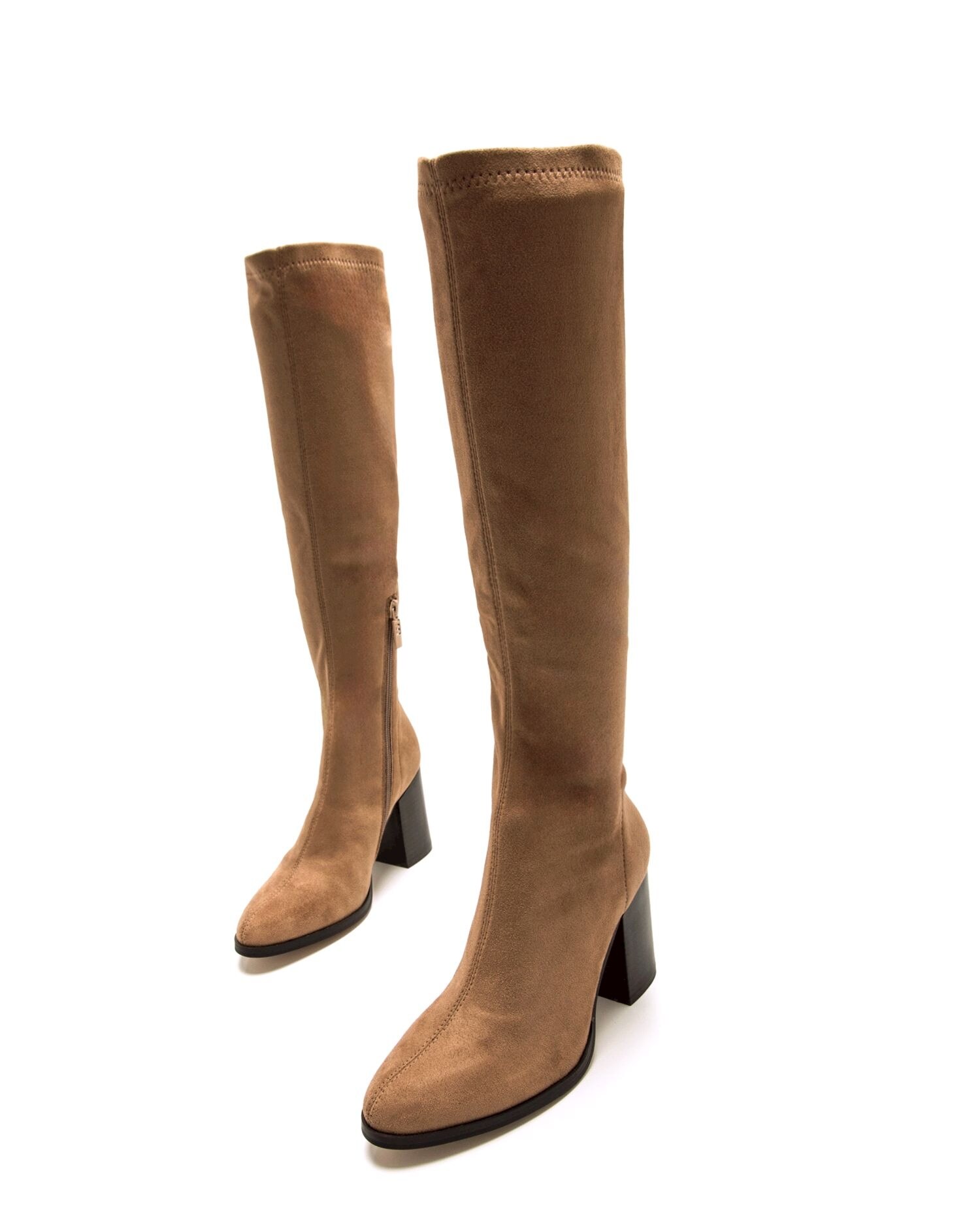 Botas Básicas Altas em Têxtil com Tacão Largo Bege-2