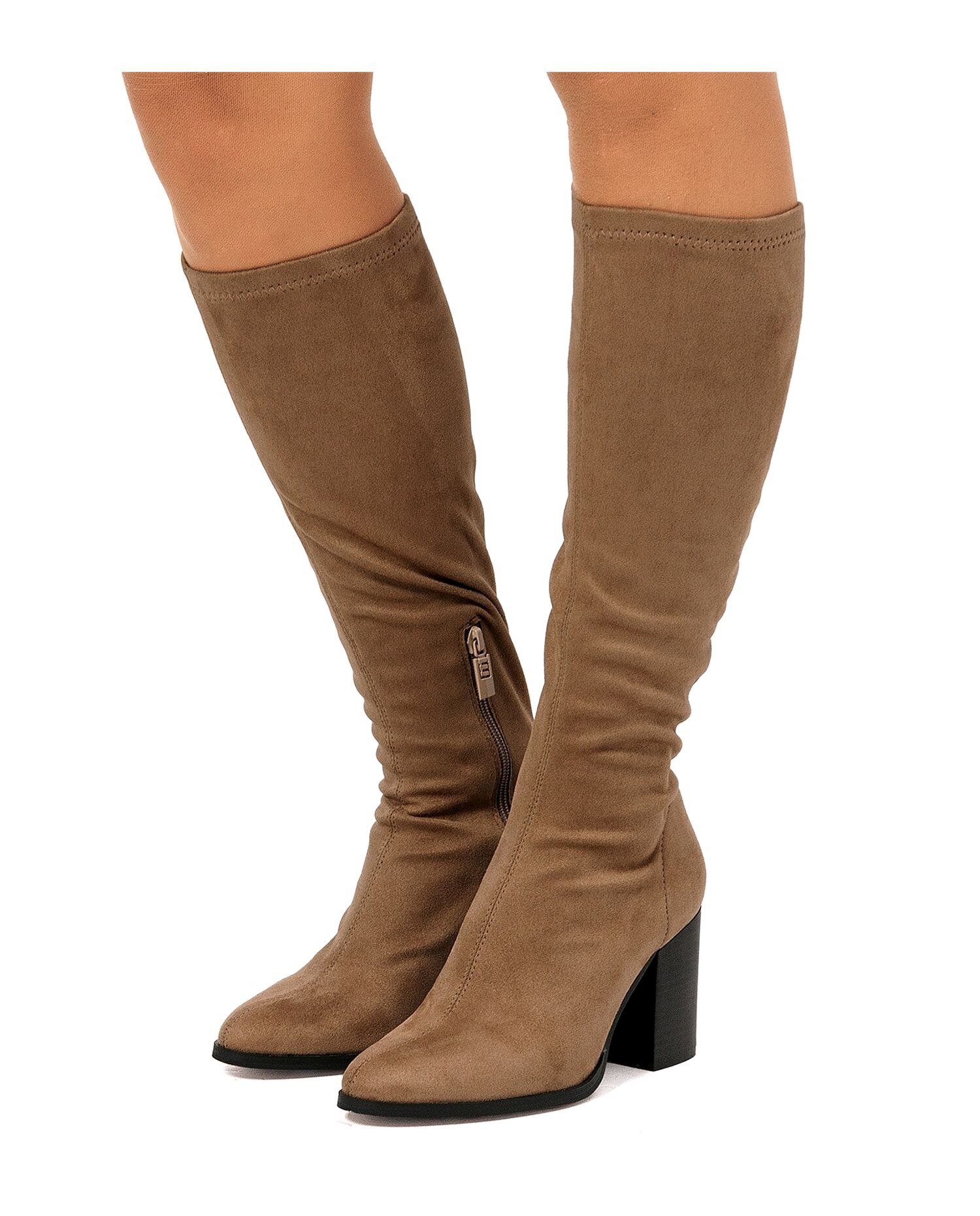 Botas Básicas Altas em Têxtil com Tacão Largo Bege-3