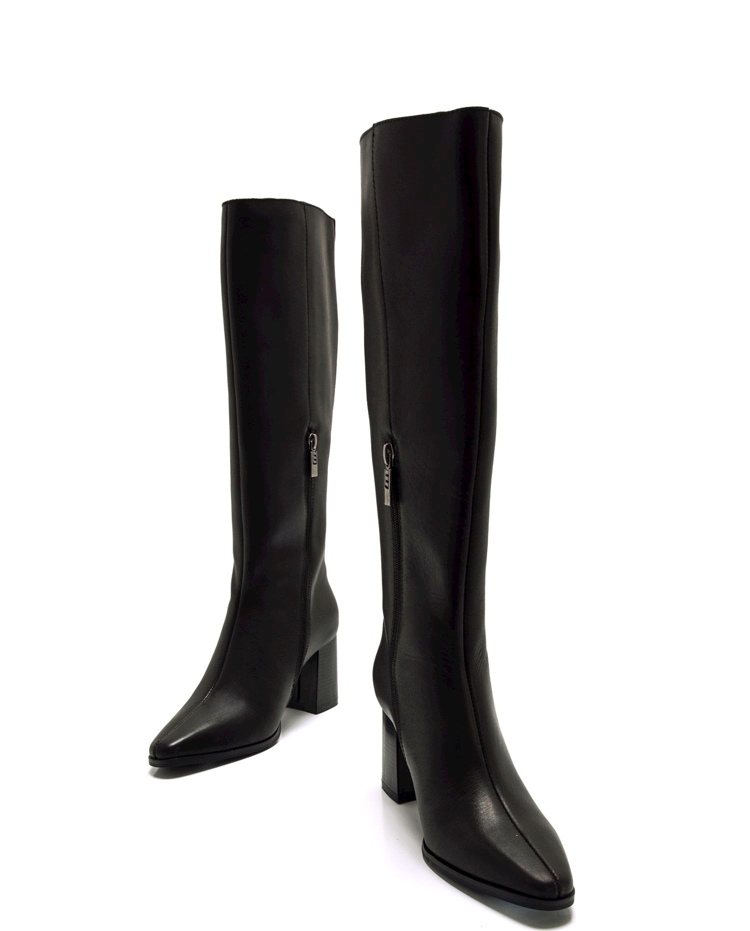 Botas Básicas Altas em Pele com Biqueira Afiada Preto-4