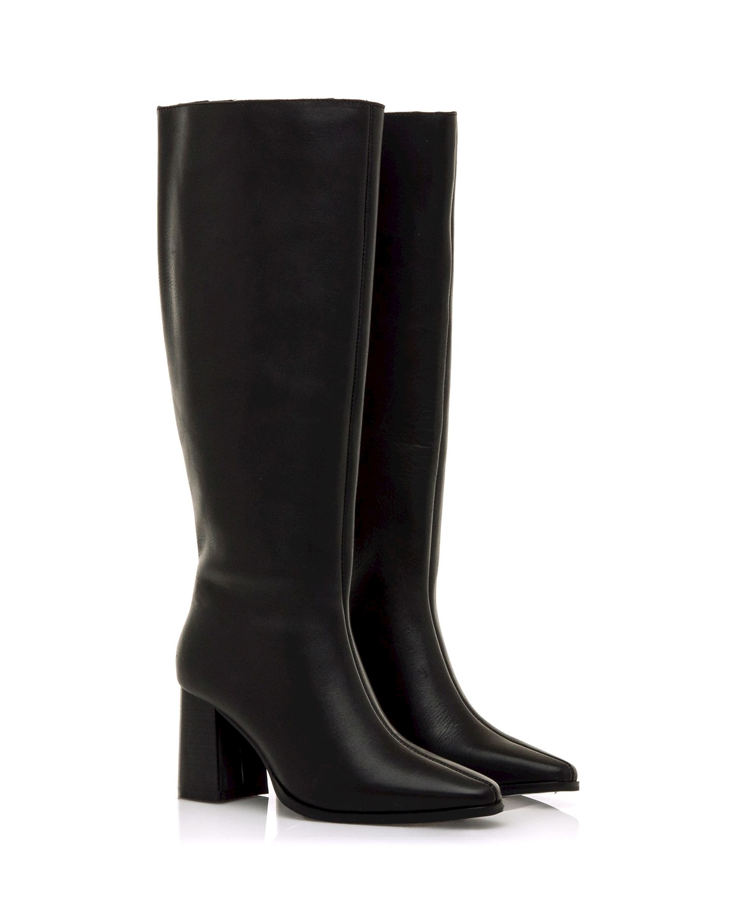 Botas Básicas Altas em Pele com Biqueira Afiada Preto-5