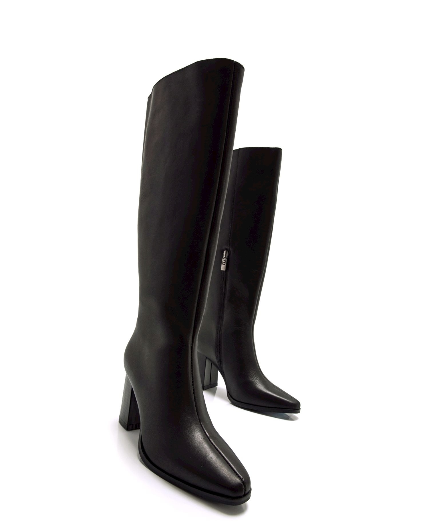 Botas Básicas Altas em Pele com Biqueira Afiada Preto-6