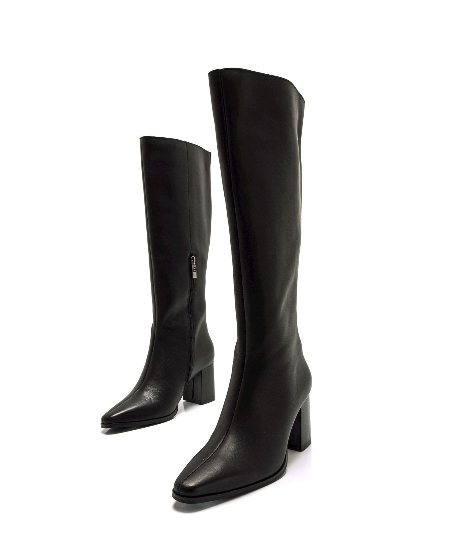 Botas Básicas Altas em Pele com Biqueira Afiada Preto-7
