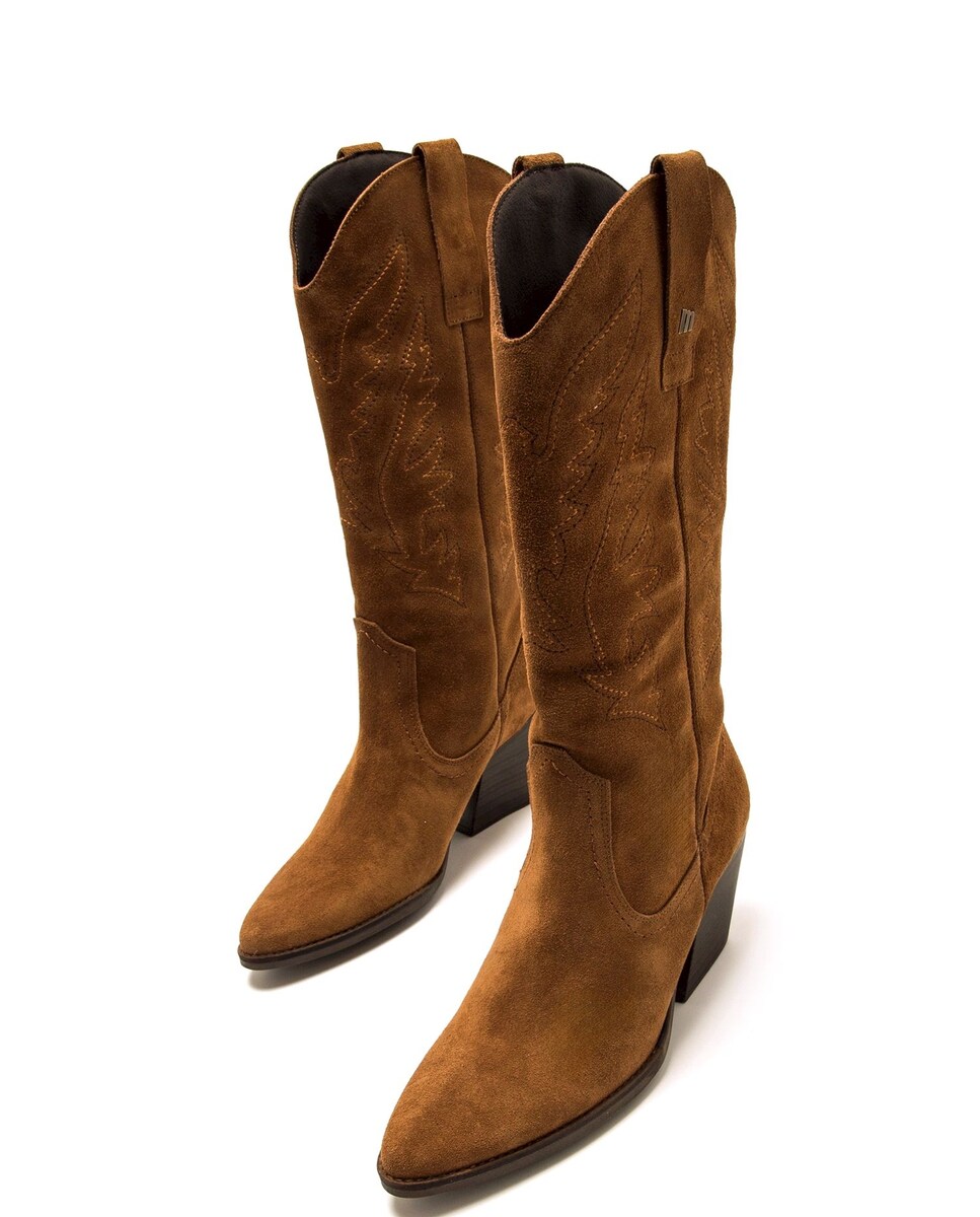 Botas Altas em Pele Estilo Cowboy Avelã-2