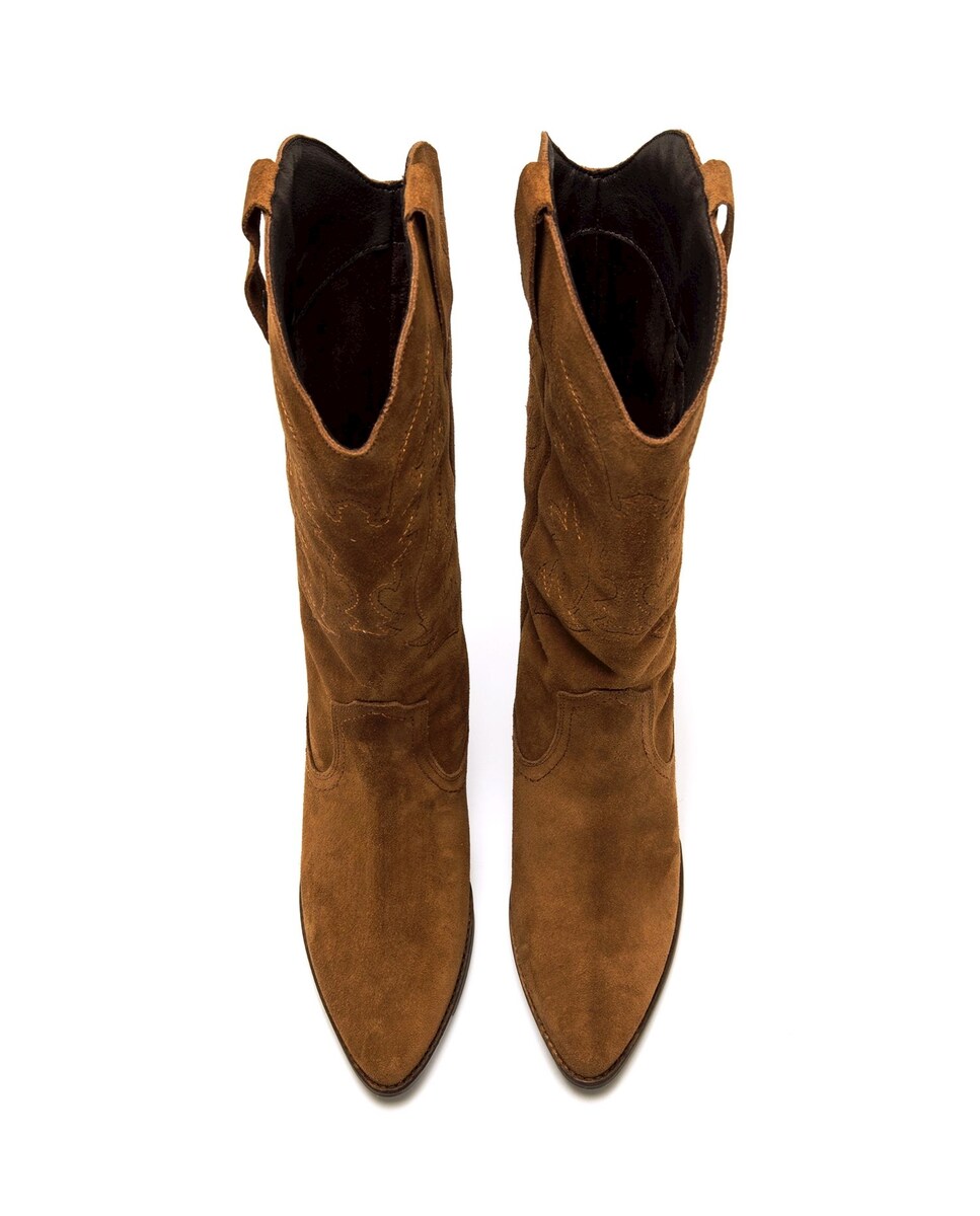 Botas Altas em Pele Estilo Cowboy Avelã-4