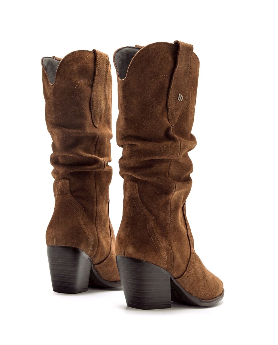 Botas Altas de Pele com Salto Cowboy Castanho-3