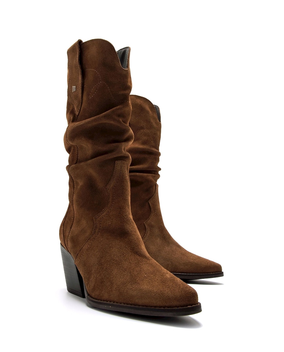 Botas Altas de Pele com Salto Cowboy Castanho-4