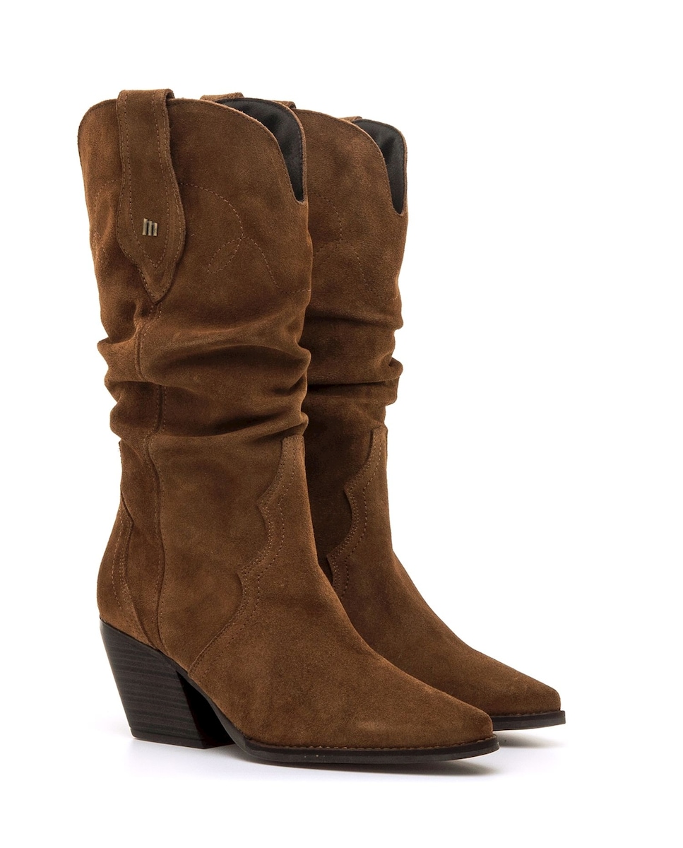 Botas Altas de Pele com Salto Cowboy Castanho-5