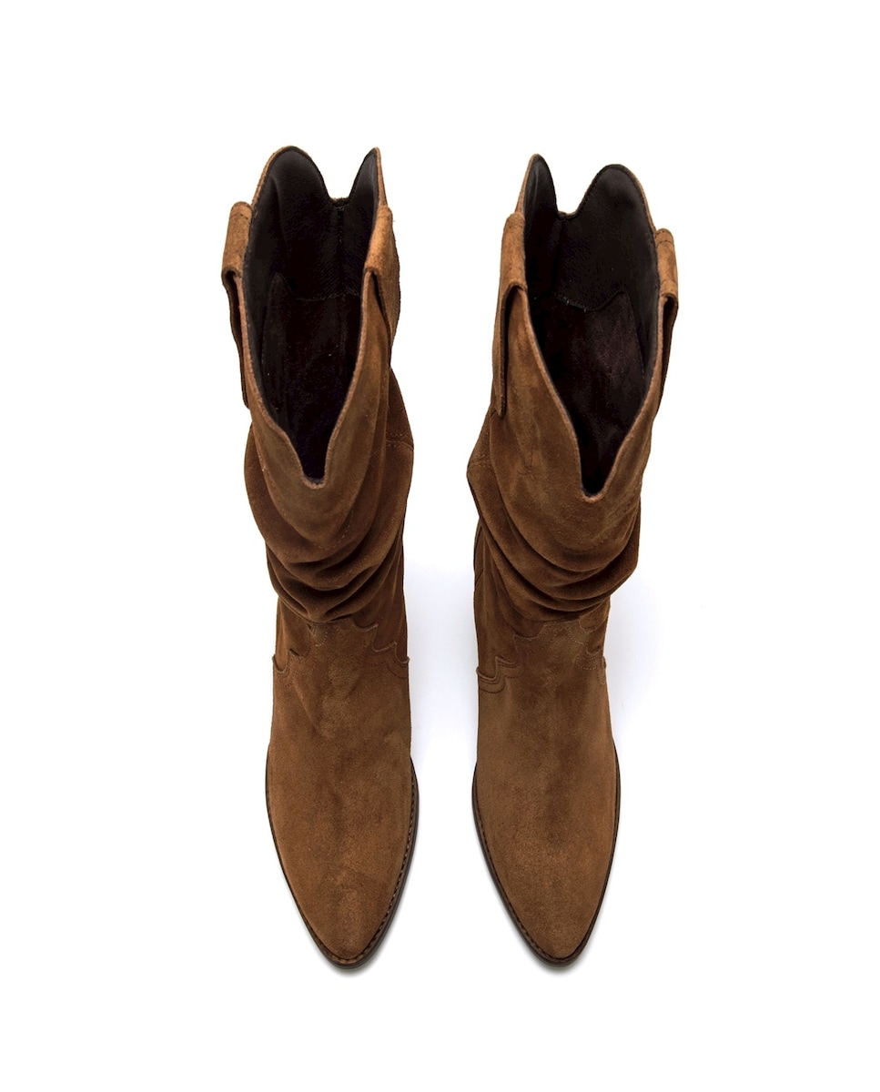 Botas Altas de Pele com Salto Cowboy Castanho-6
