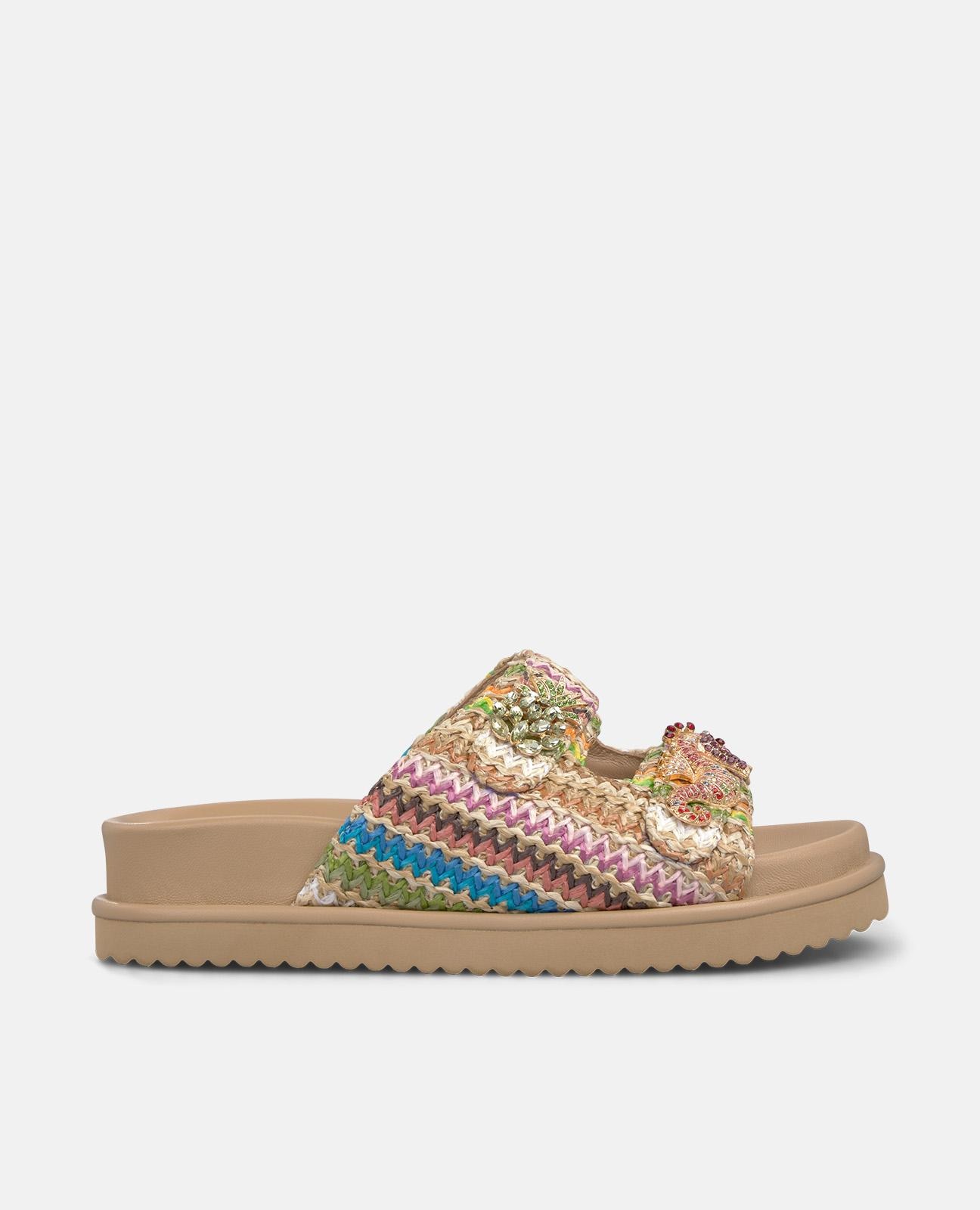 Sandálias Rasas em Ráfia Multicolor e Tiras com Fivela Metálica na Parte Dianteira Multicolor-1