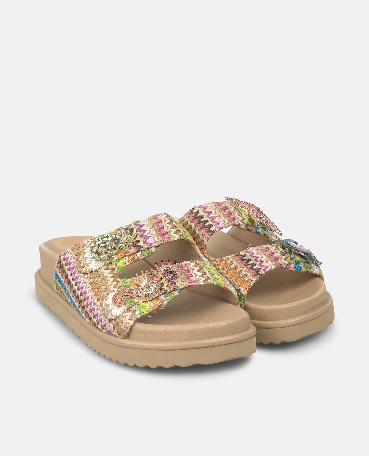 Sandálias Rasas em Ráfia Multicolor e Tiras com Fivela Metálica na Parte Dianteira Multicolor-2