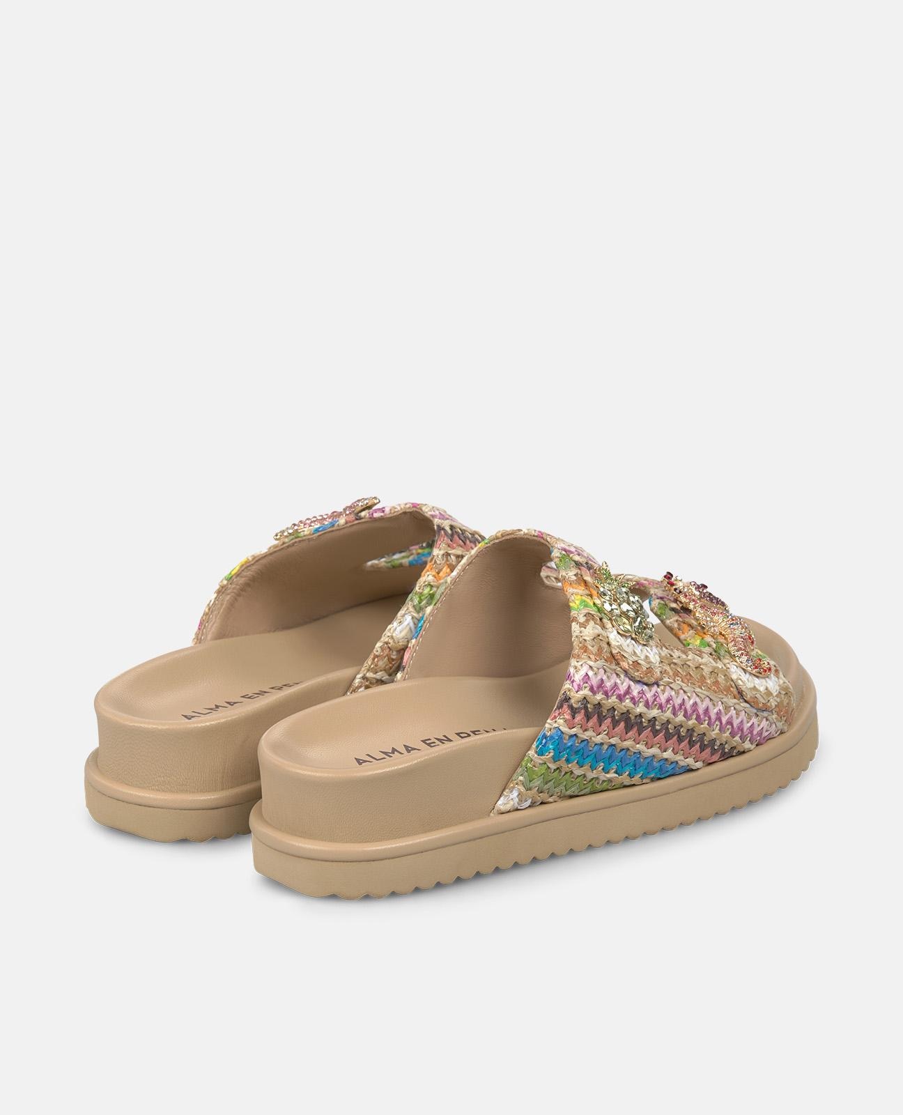 Sandálias Rasas em Ráfia Multicolor e Tiras com Fivela Metálica na Parte Dianteira Multicolor-3