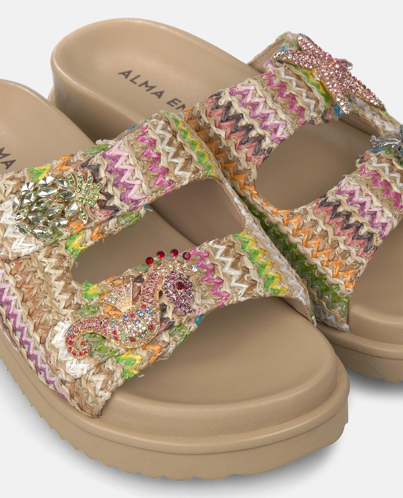 Sandálias Rasas em Ráfia Multicolor e Tiras com Fivela Metálica na Parte Dianteira Multicolor-4