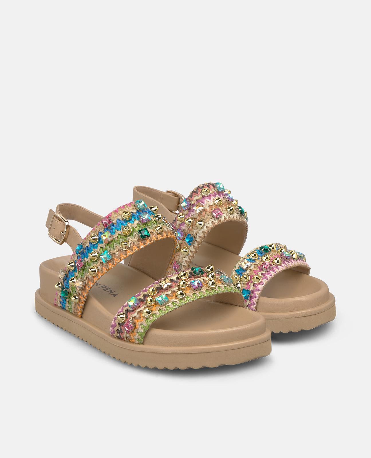 Sandálias Rasas em Ráfia com Tira Dupla com Pedras Decorativas e Fecho de Fivela Multicolor-2