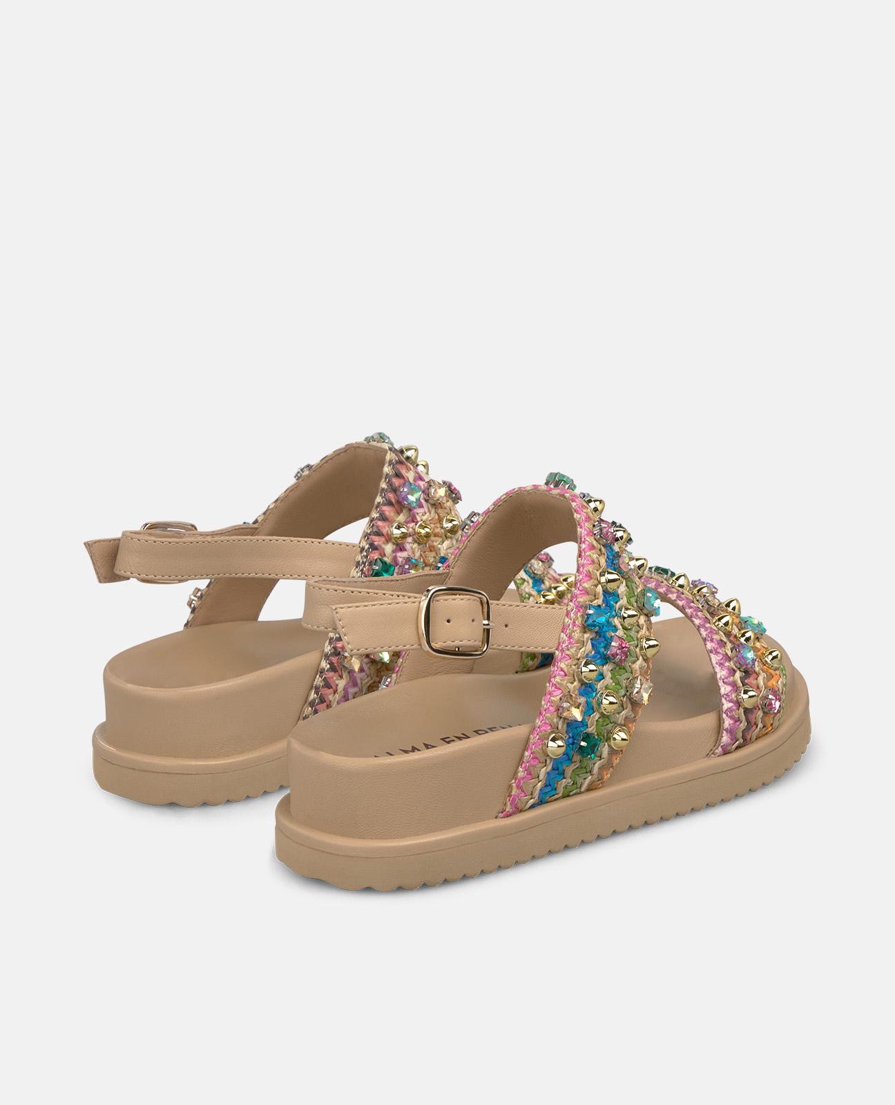 Sandálias Rasas em Ráfia com Tira Dupla com Pedras Decorativas e Fecho de Fivela Multicolor-3