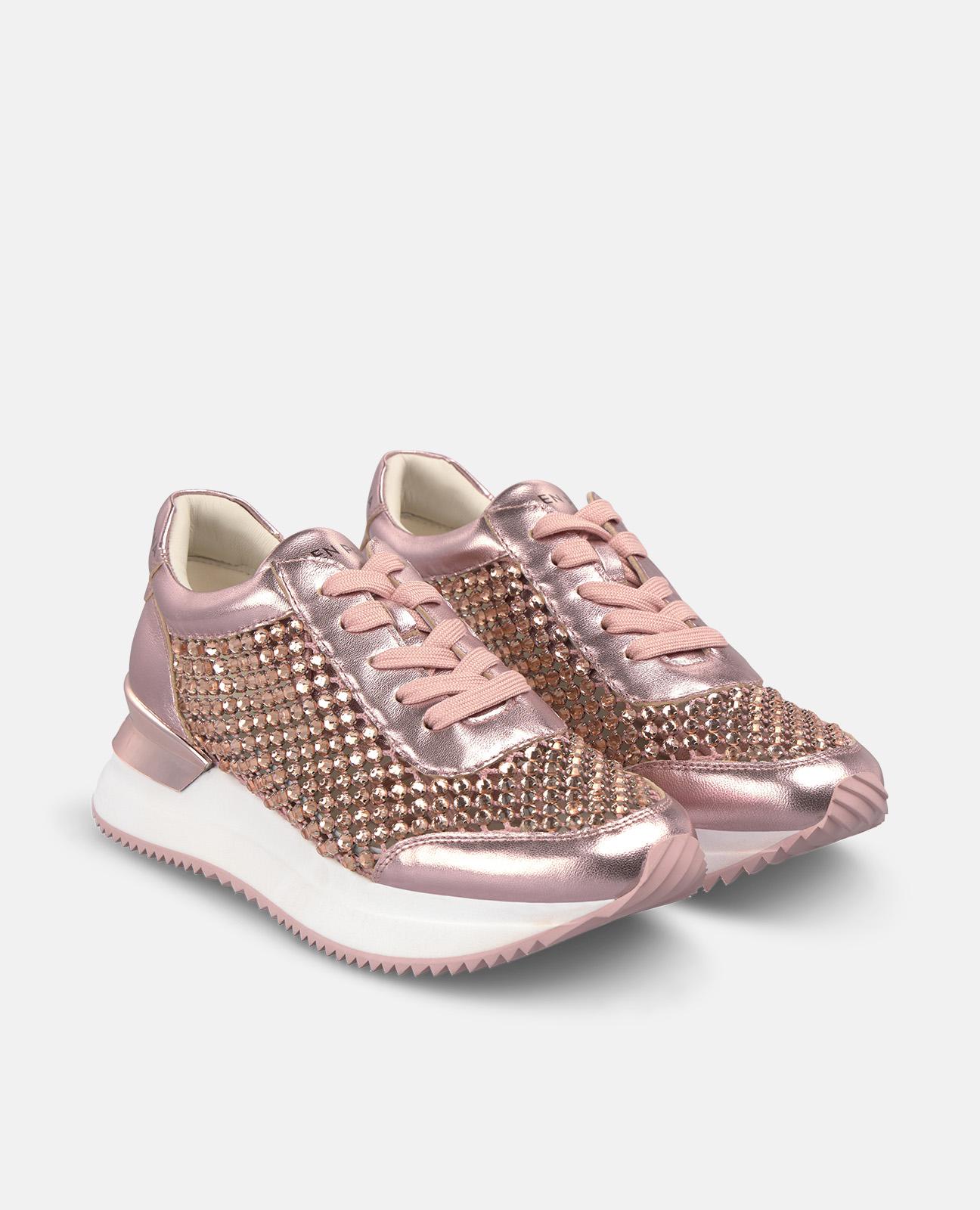 Sapatilhas Desportivas de Pele Efeito Metalizado e Rede com Tachas de Pedras Rosa-2