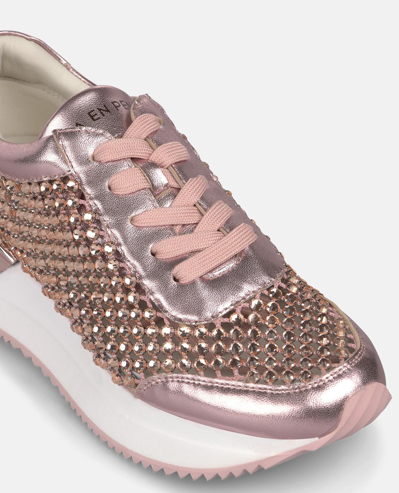 Sapatilhas Desportivas de Pele Efeito Metalizado e Rede com Tachas de Pedras Rosa-3