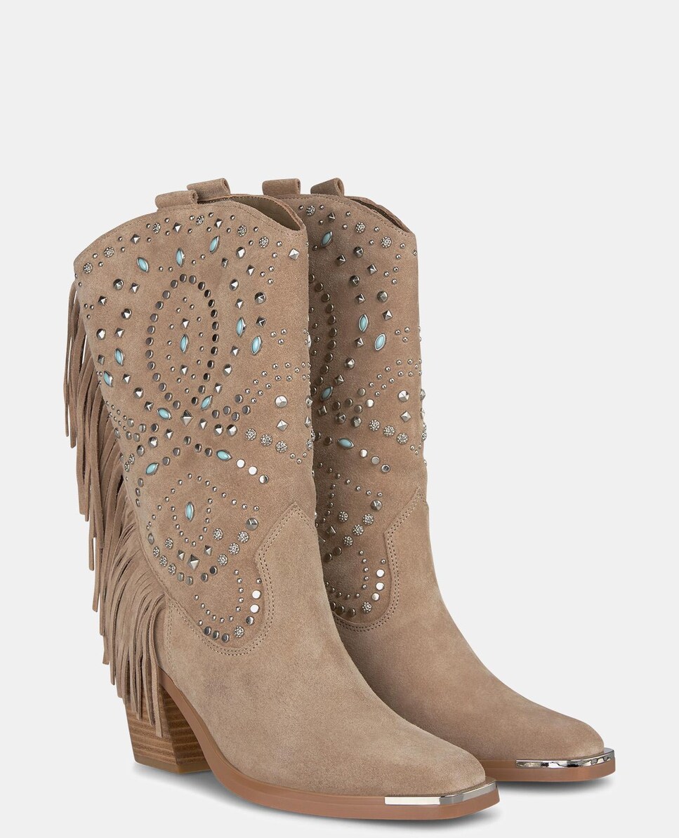 Botas com Tachas e Franjas Castanho-2