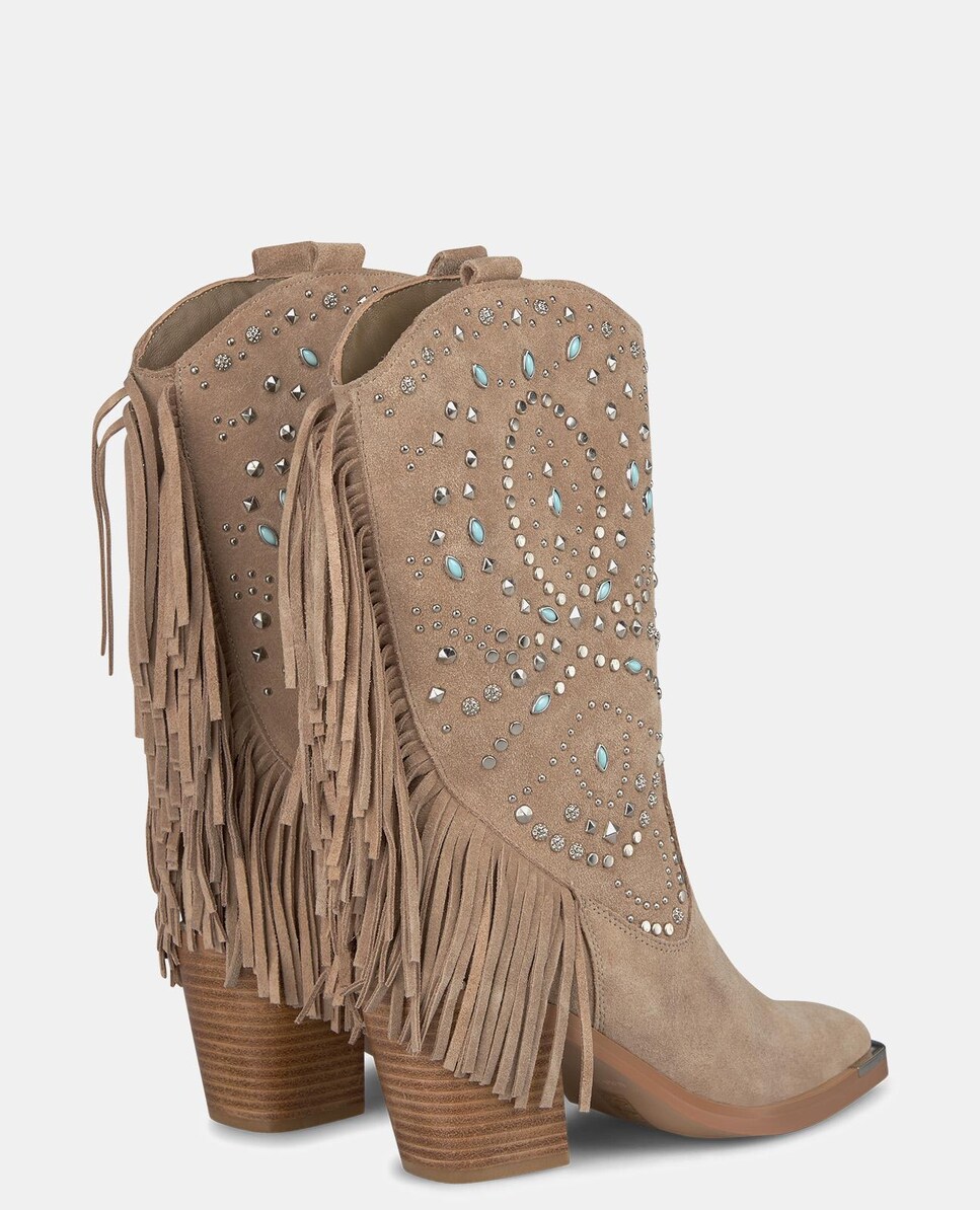 Botas com Tachas e Franjas Castanho-3