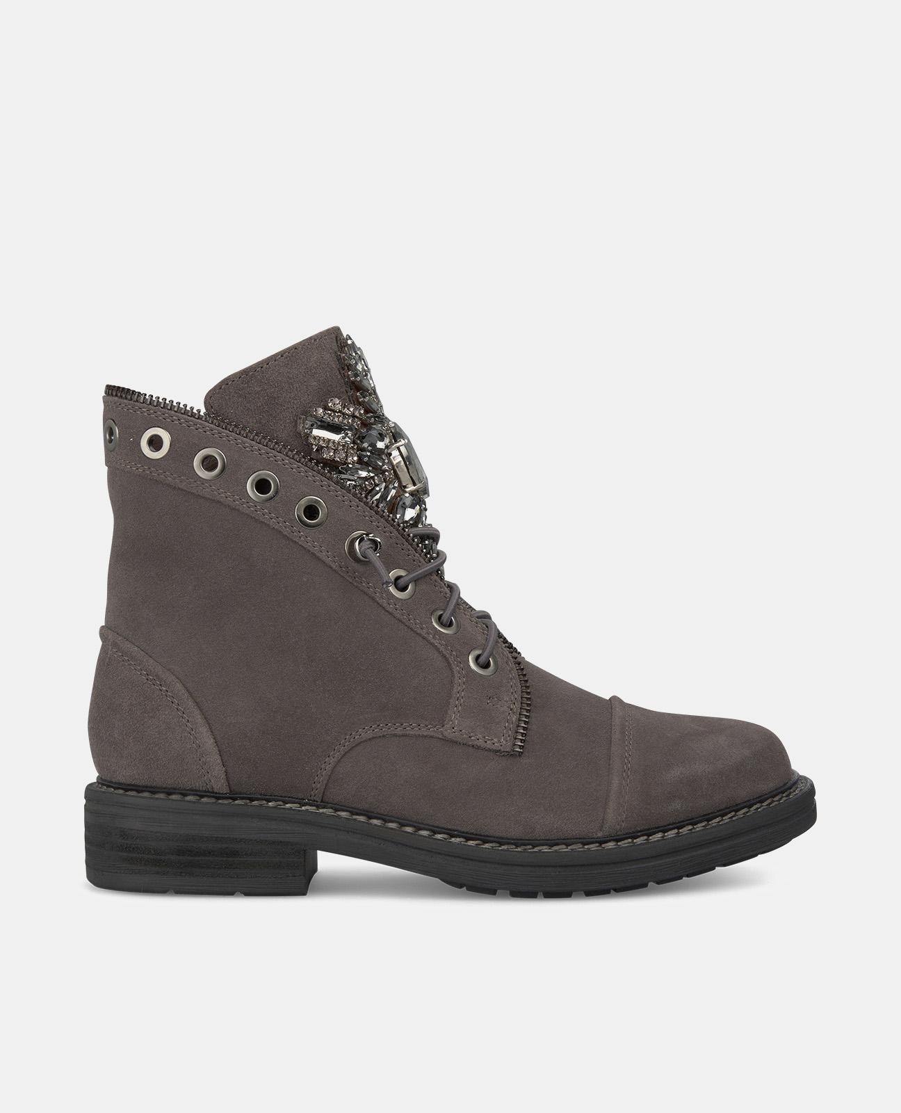 Botins de Pele com Atacadores Cinzento-escuro-1