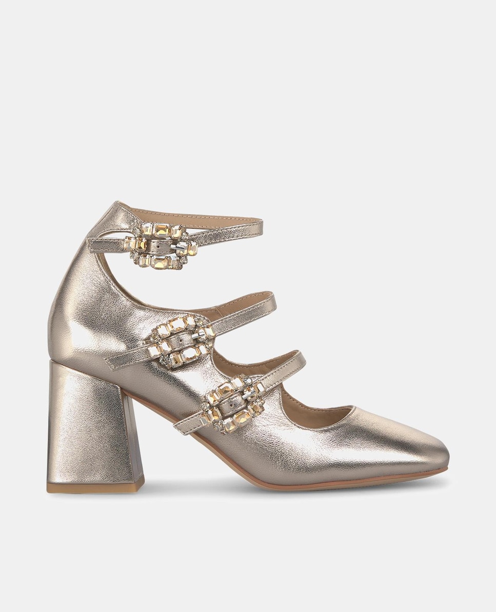 Sapatos de Salto em Pele com Três Fivelas Dourado-1