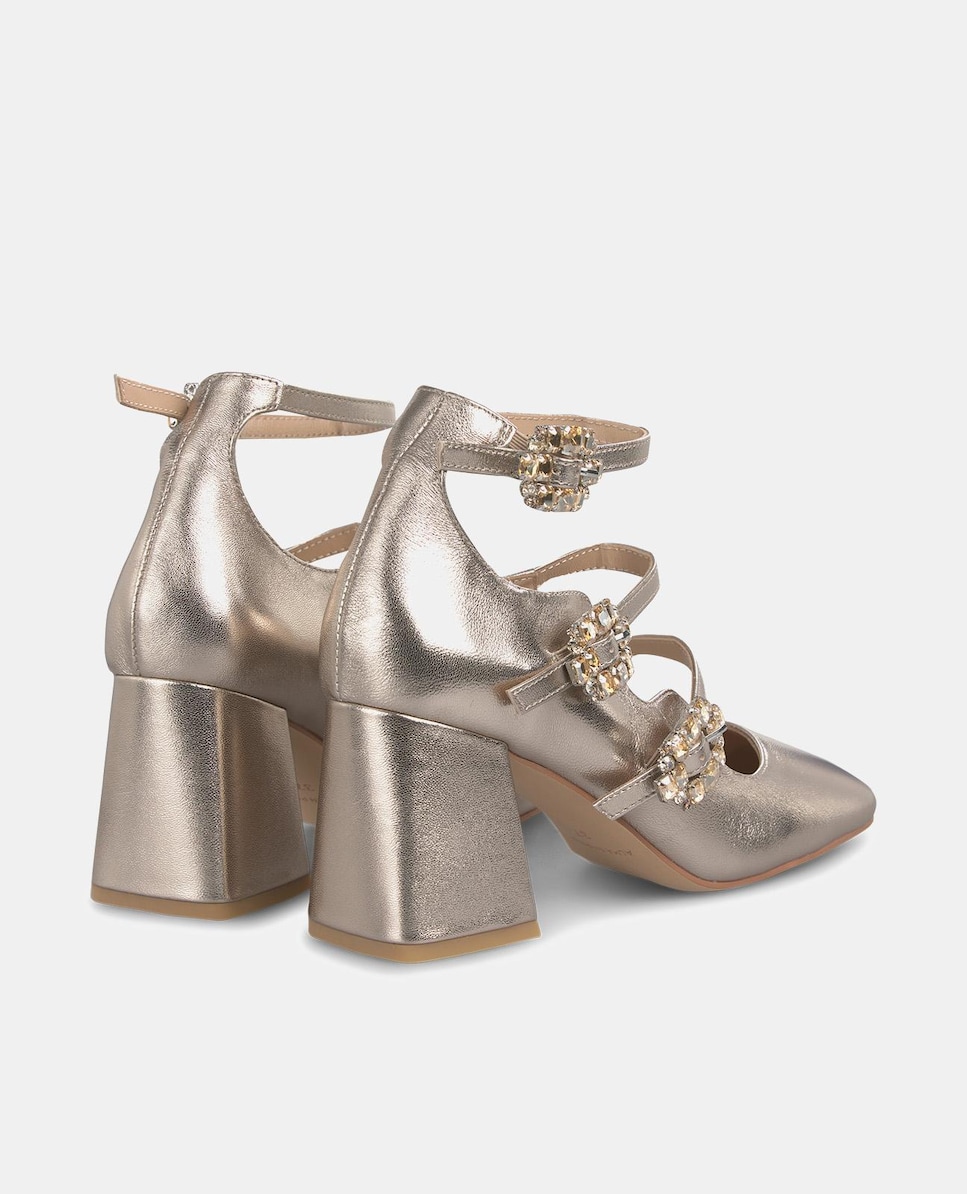 Sapatos de Salto em Pele com Três Fivelas Dourado-3
