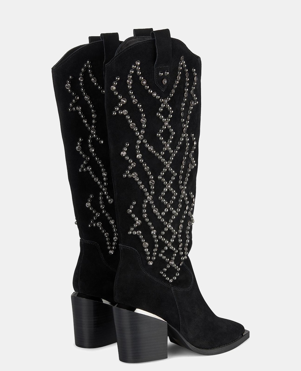 Botas Altas de Pele com Detalhe de Tachas Preto-3