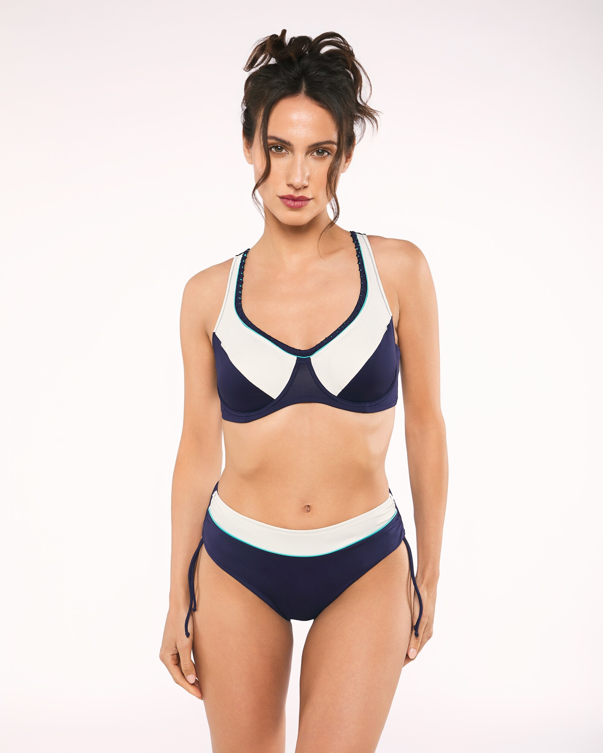 Cueca de Biquíni Galia Clássica Alta Lados Ajustável 5 Azul / Branco-3
