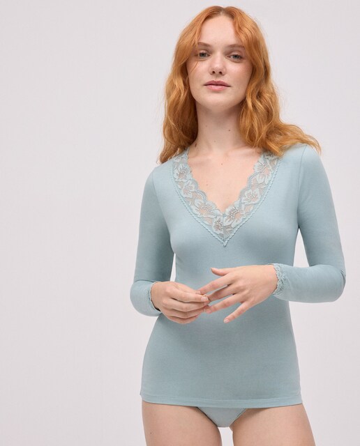 Imagem 0 de T-shirt de Manga Comprida em Algodão com Renda