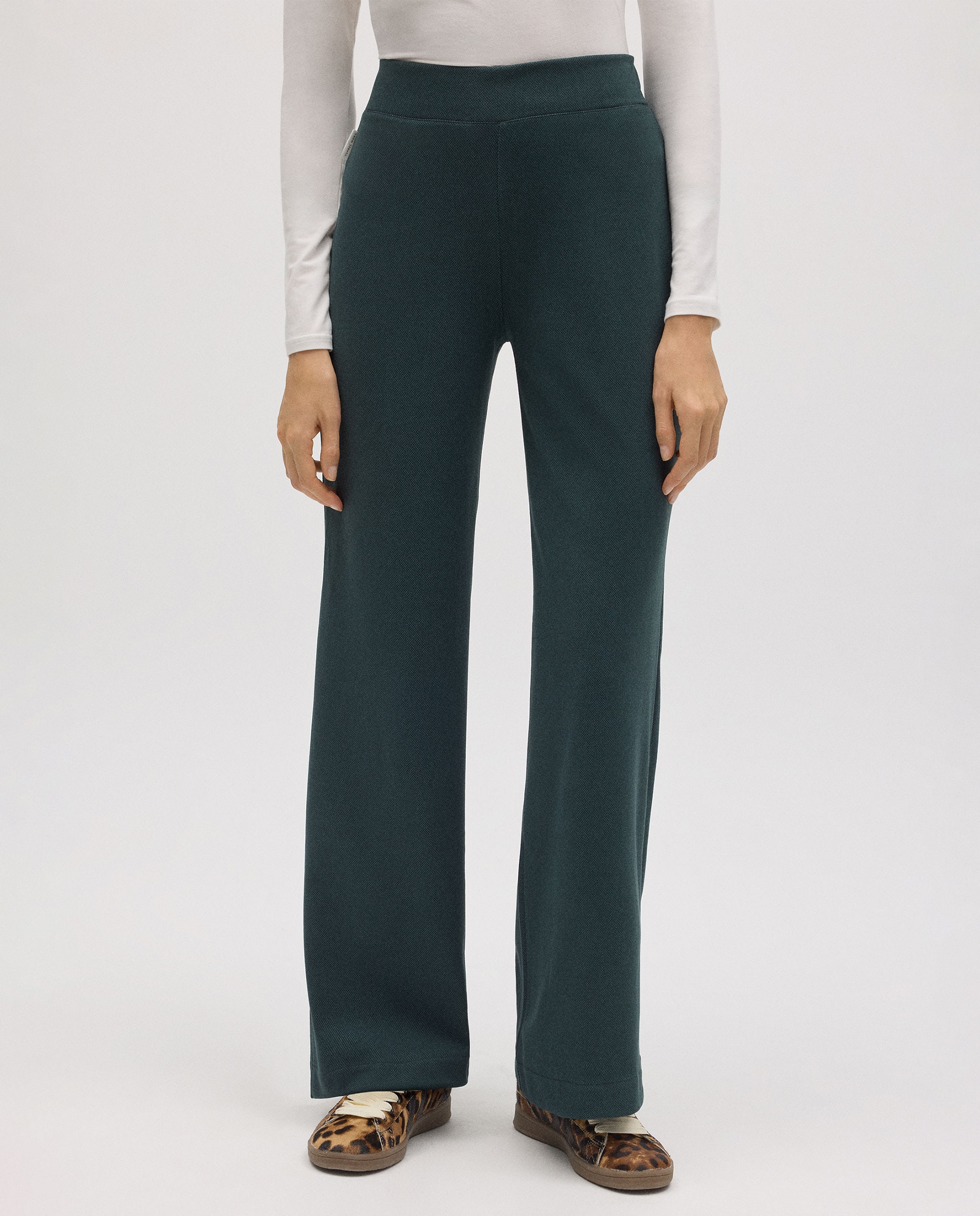 Calças com Corte a Direito com Textura Verde-escuro-1