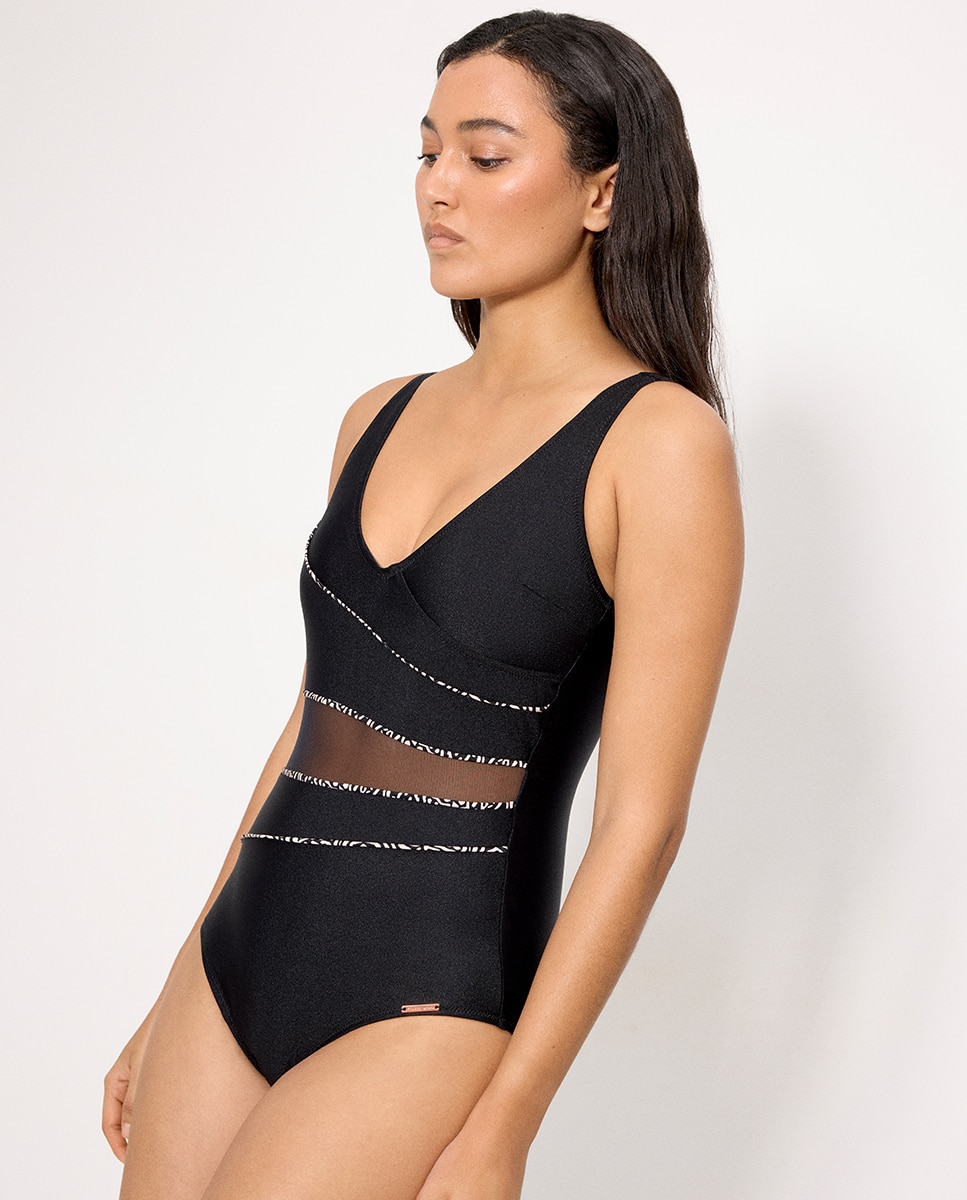 Fato de Banho Redutor Modelador com Tule Transparente com Brilho em Copa B Preto-3
