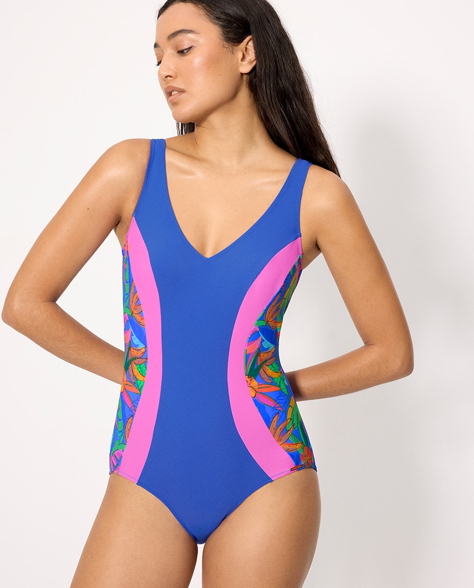 Fato de Banho Redutor com Estampado Tropical em Copa B Azul-1