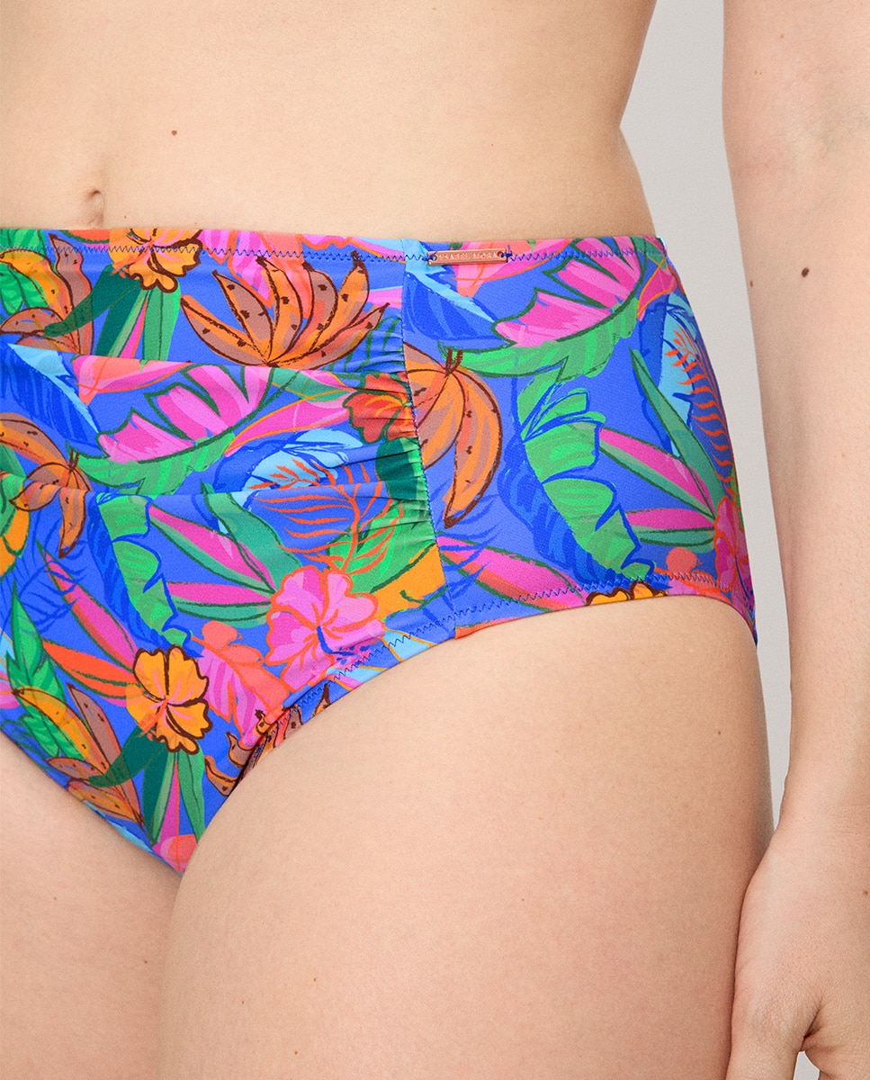Cueca de Biquíni Redutora Alta com Estampado Tropical Multicolor-5