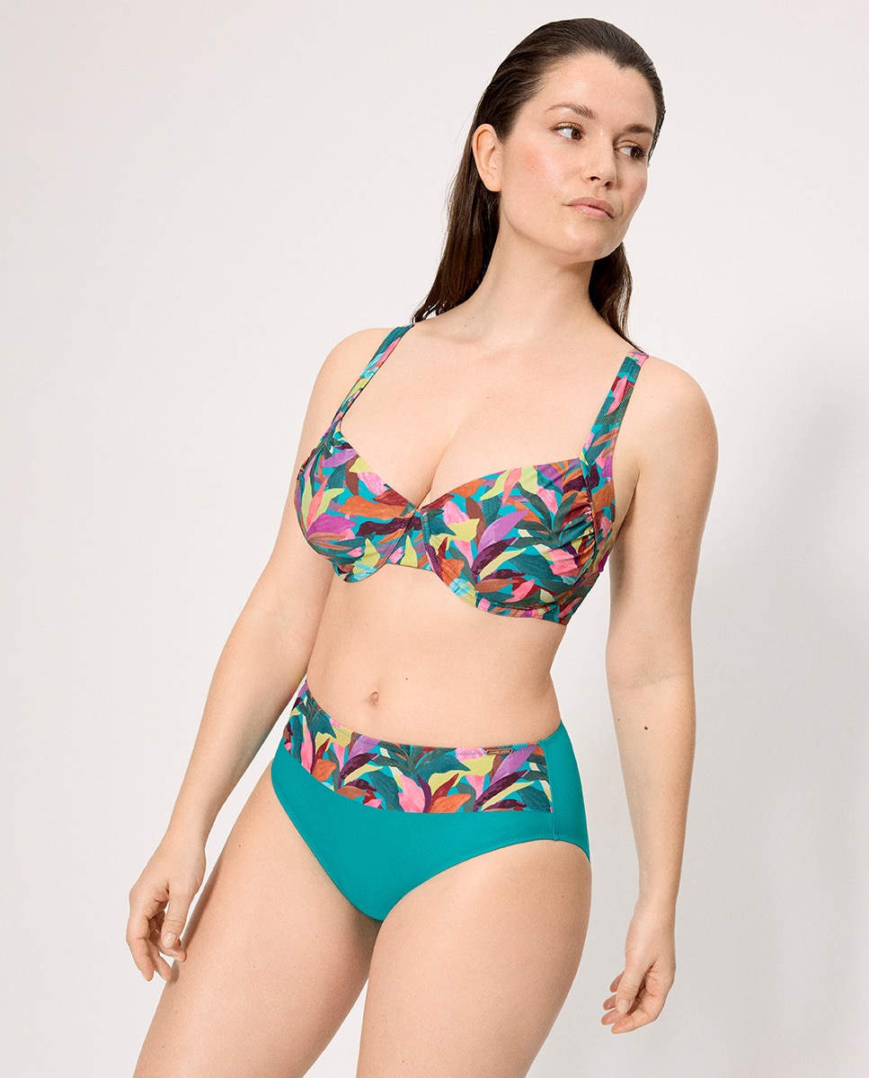 Cueca de Biquíni Redutora Alta Folhas Turquesa-3