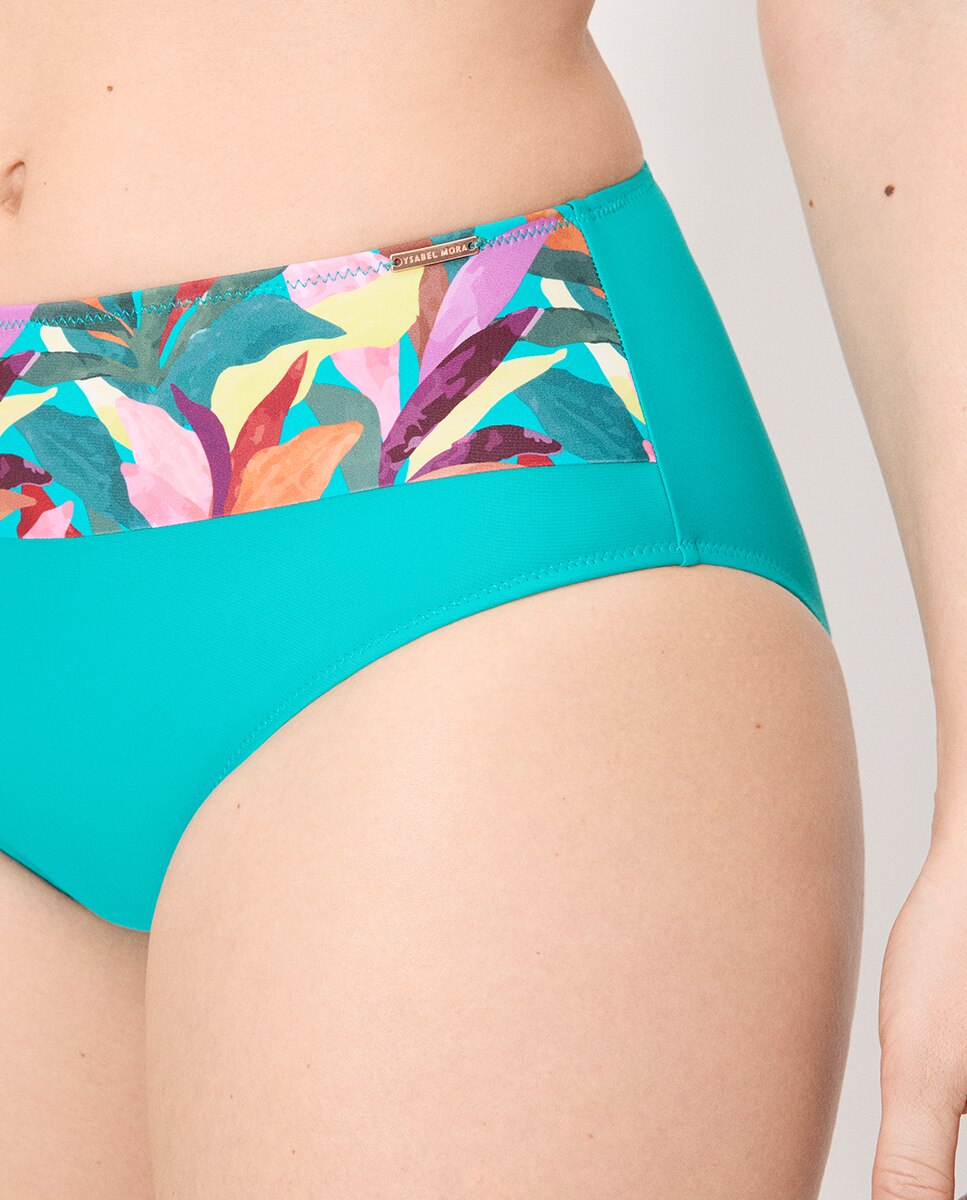 Cueca de Biquíni Redutora Alta Folhas Turquesa-4