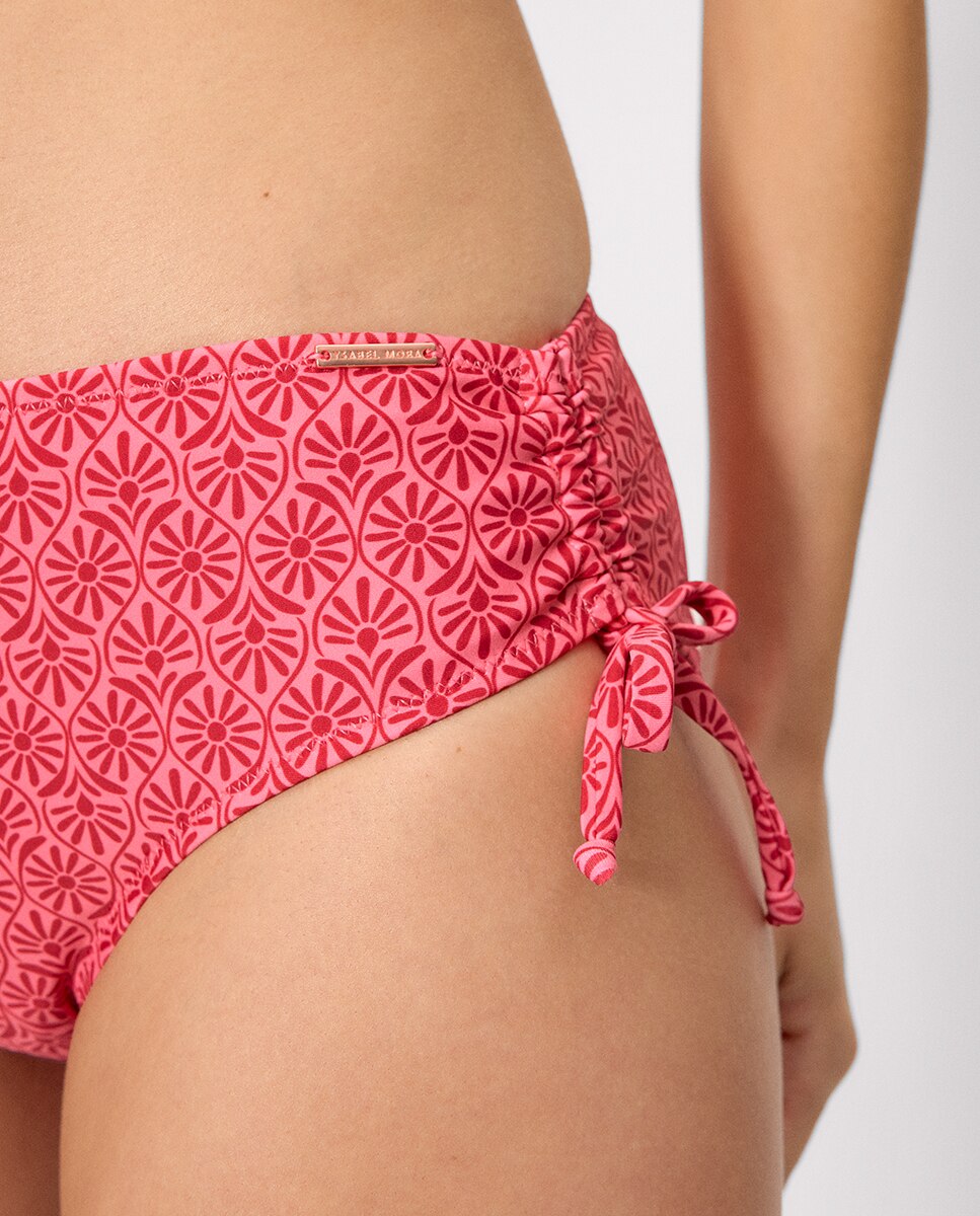 Cueca de Biquíni Moldeadora Midi com Estampado de Flores Rosa-4