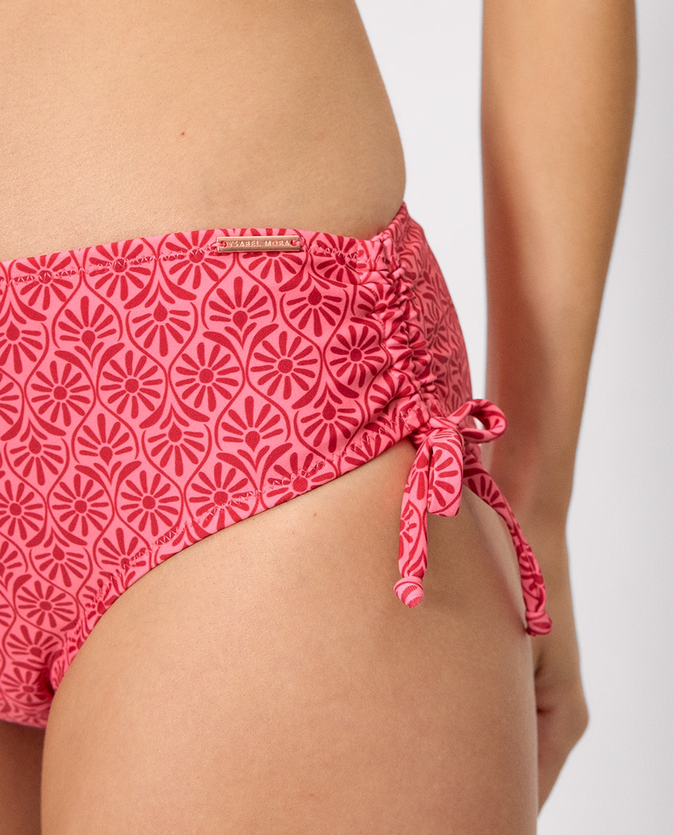 Cueca de Biquíni Moldeadora Midi com Estampado de Flores Rosa-4