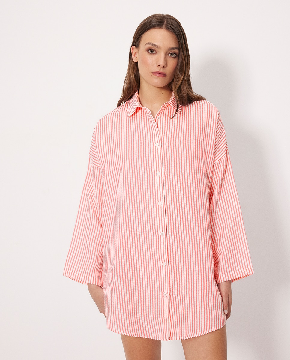 Imagem 0 de Vestidos de Praia Camisa Comprida em Bambula Às Riscas