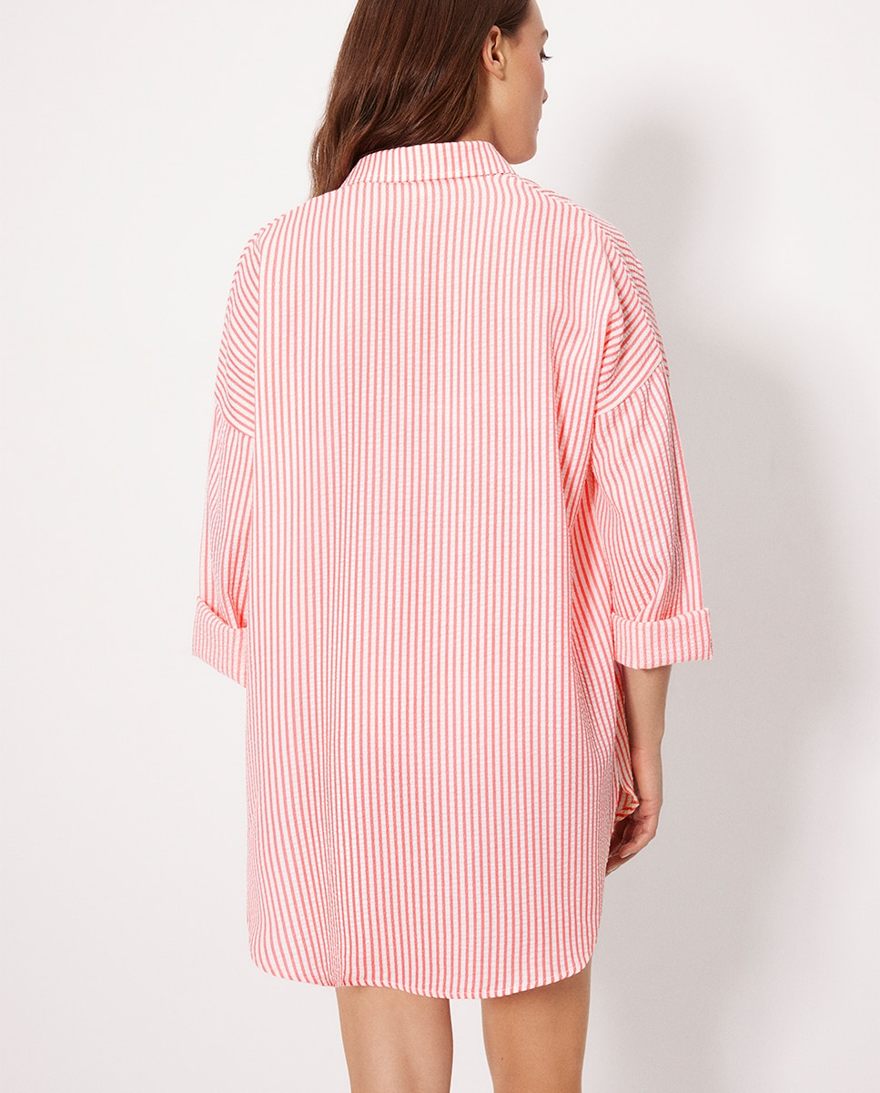 Vestidos de Praia Camisa Comprida em Bambula Às Riscas Rosa / Branco-2