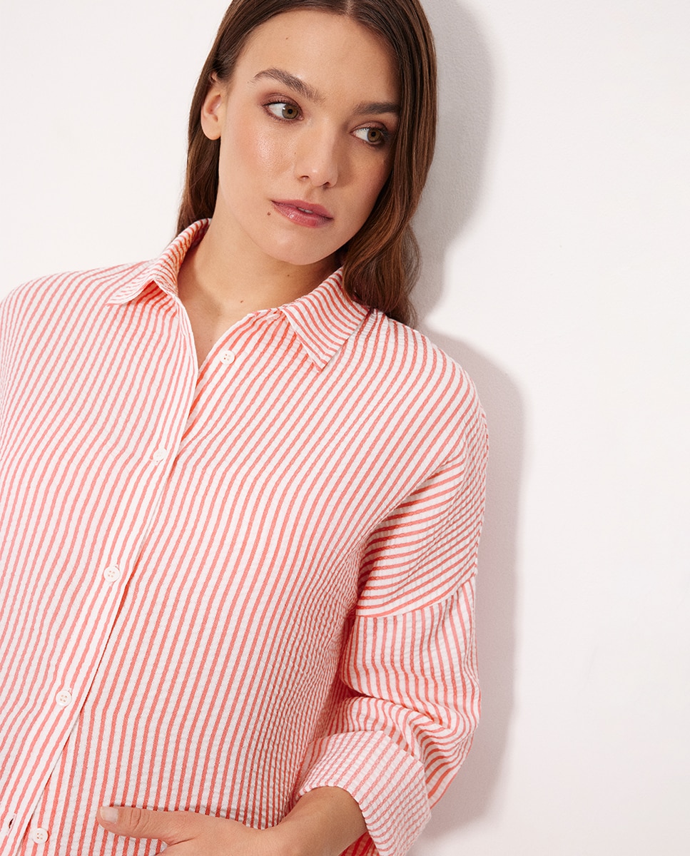 Vestidos de Praia Camisa Comprida em Bambula Às Riscas Rosa / Branco-3