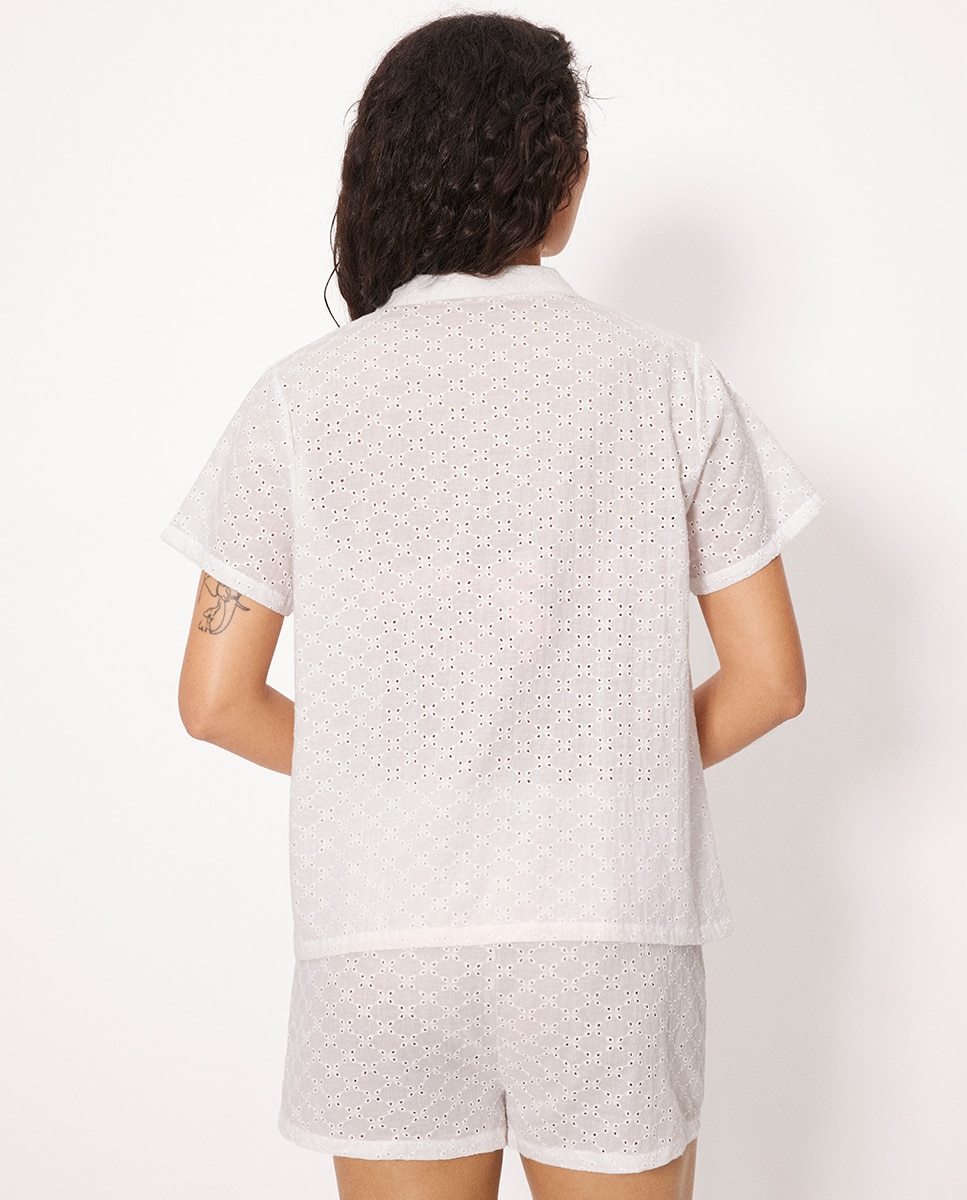 Vestidos de Praia Camisa de Manga Curta em Algodão Bordado Branco-2