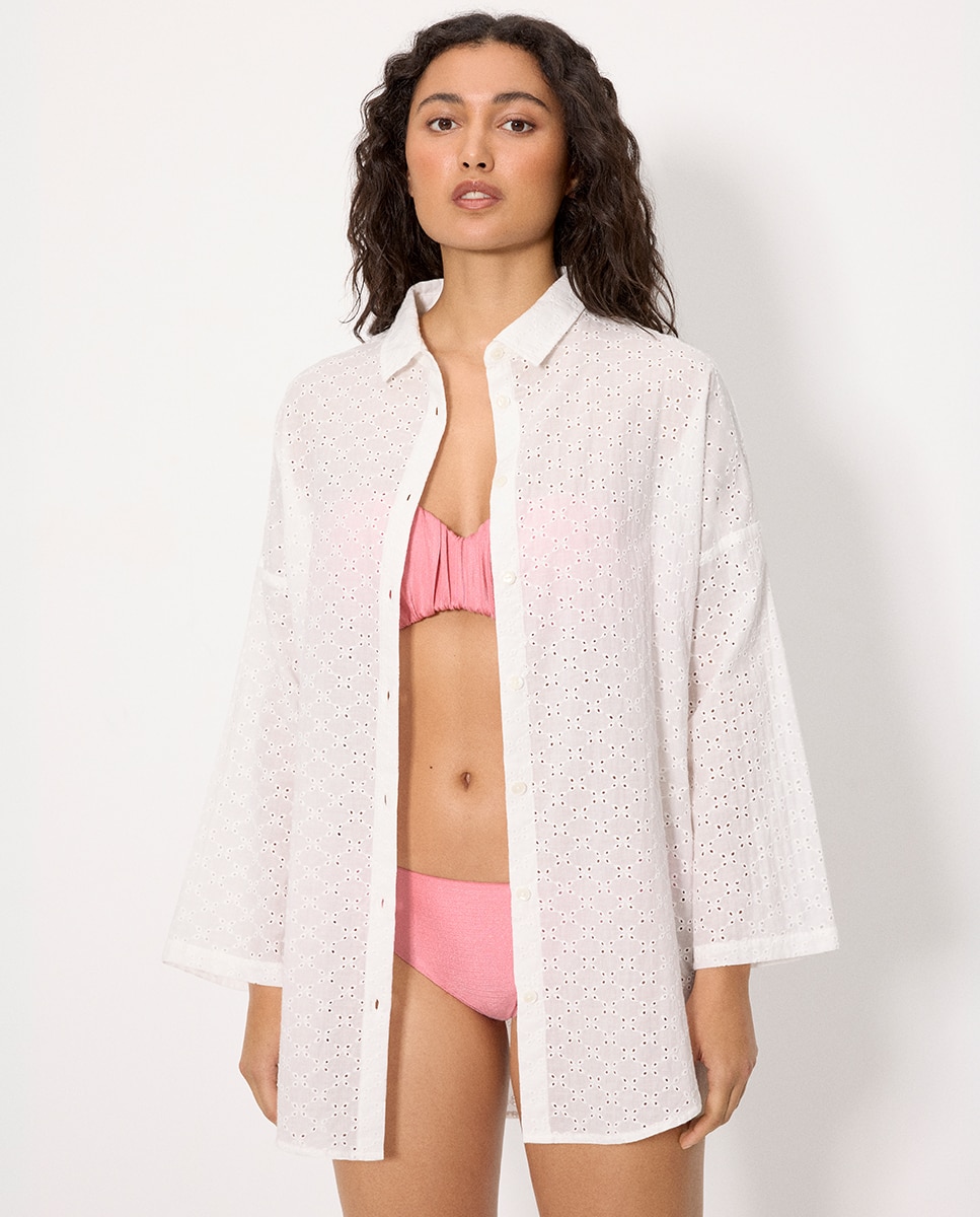 Imagem 0 de Vestidos de Praia Tipo Camisa Comprida em Algodão com Bordado