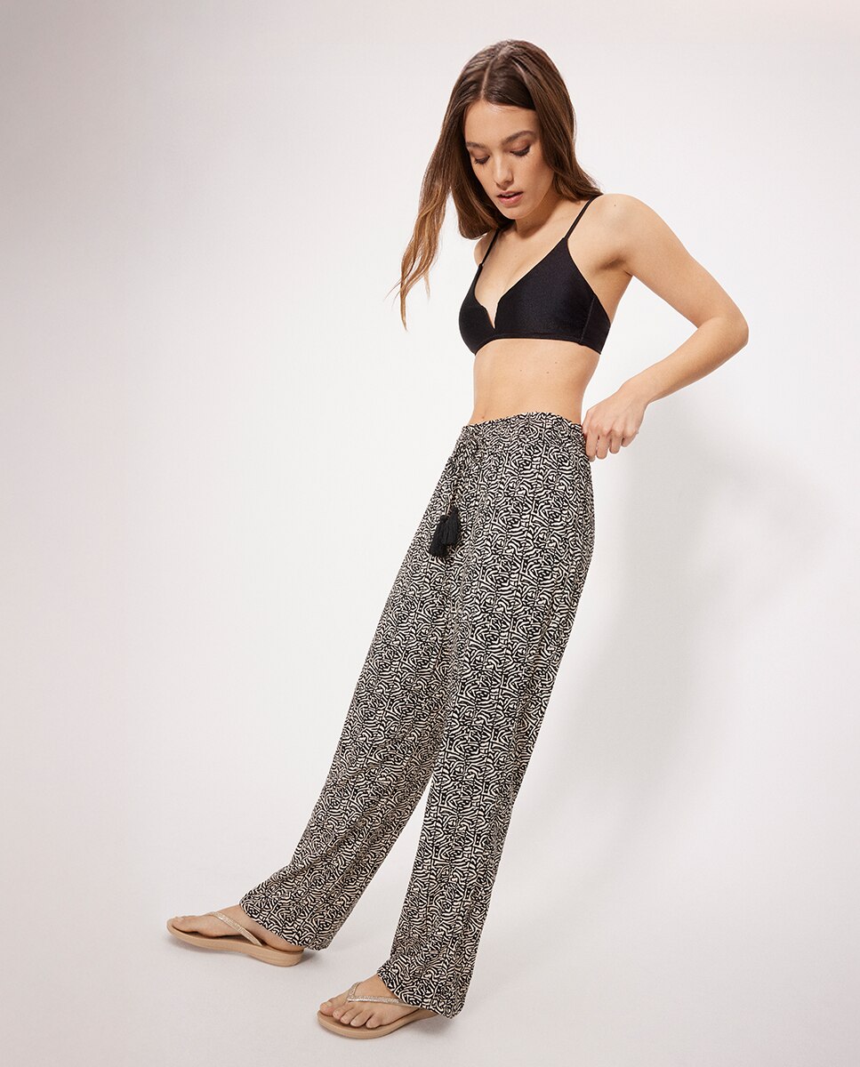 Calças de Praia Compridas Ajustáveis Estampadas Preto / Branco-3