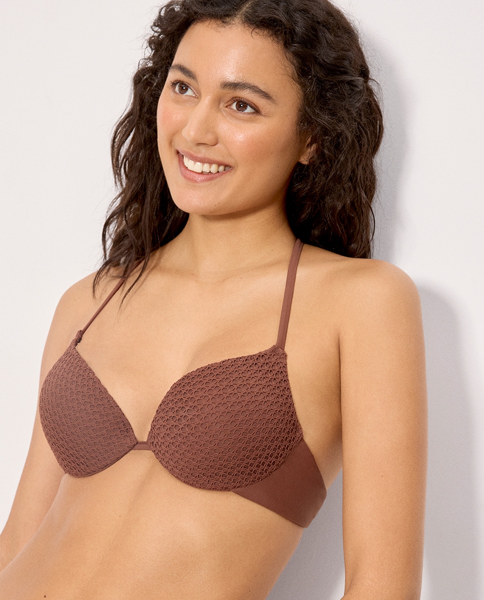 Tops de Biquíni Duplo Push-up Tecido Perfurado em Copa B Castanho-3
