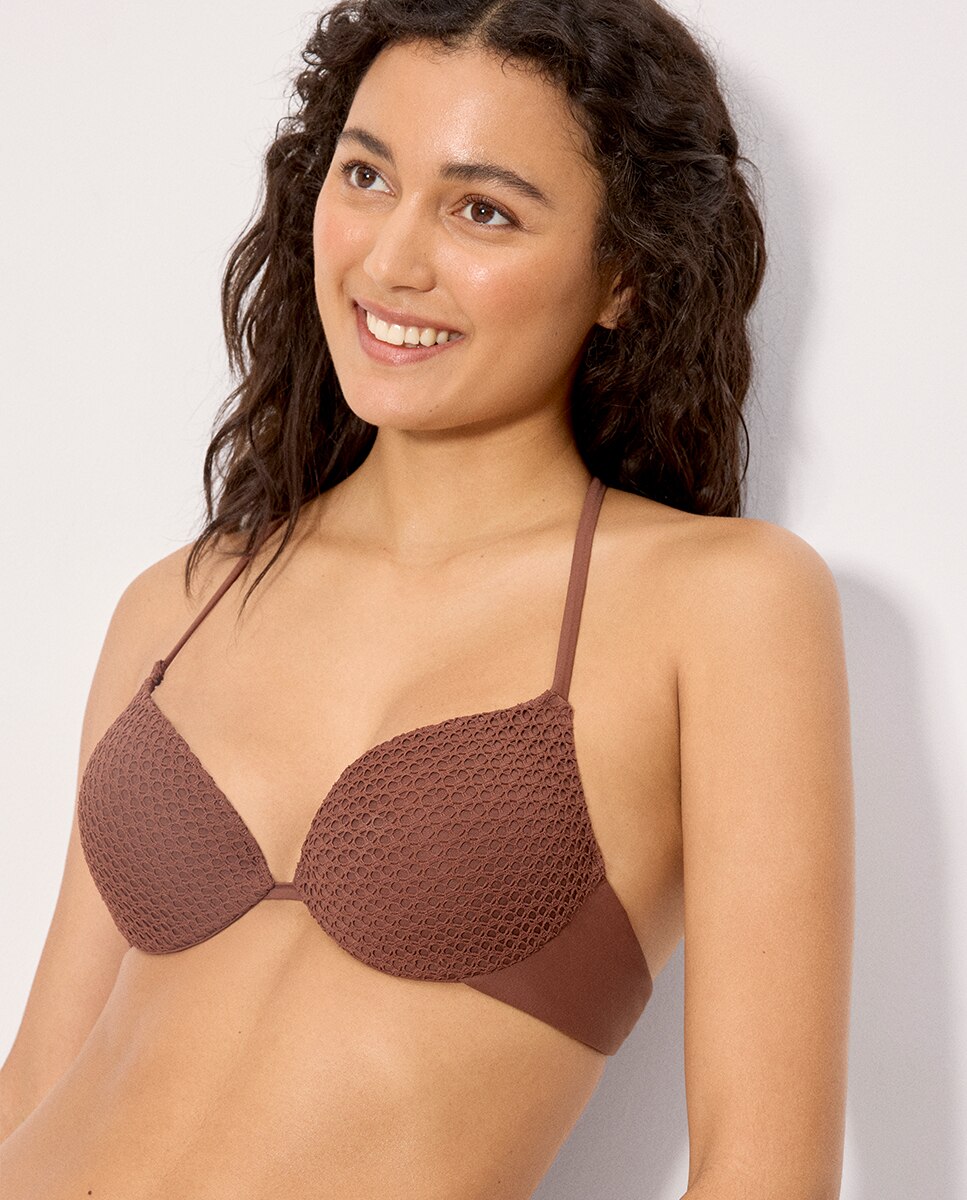 Tops de Biquíni Duplo Push-up Tecido Perfurado em Copa B Castanho-3