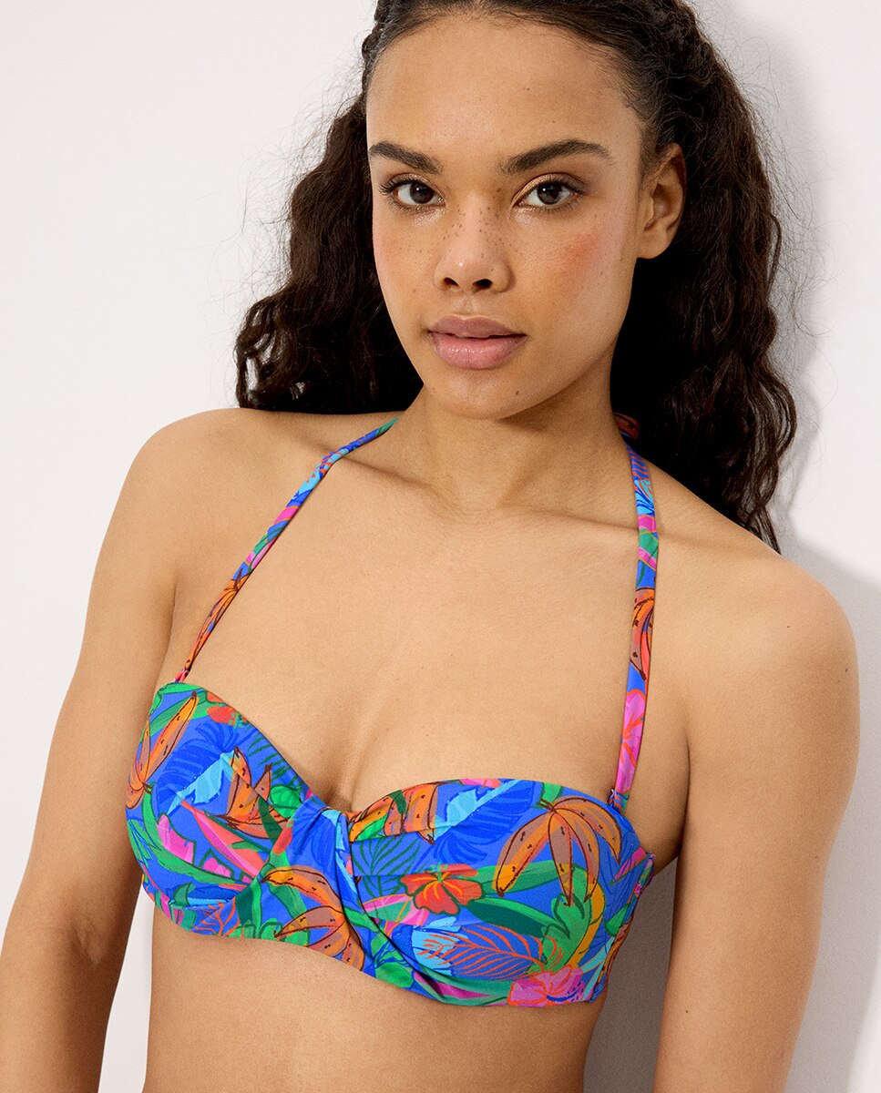Tops de Biquíni Bandeau Estampado Tropical em Copa C Multicolor-2