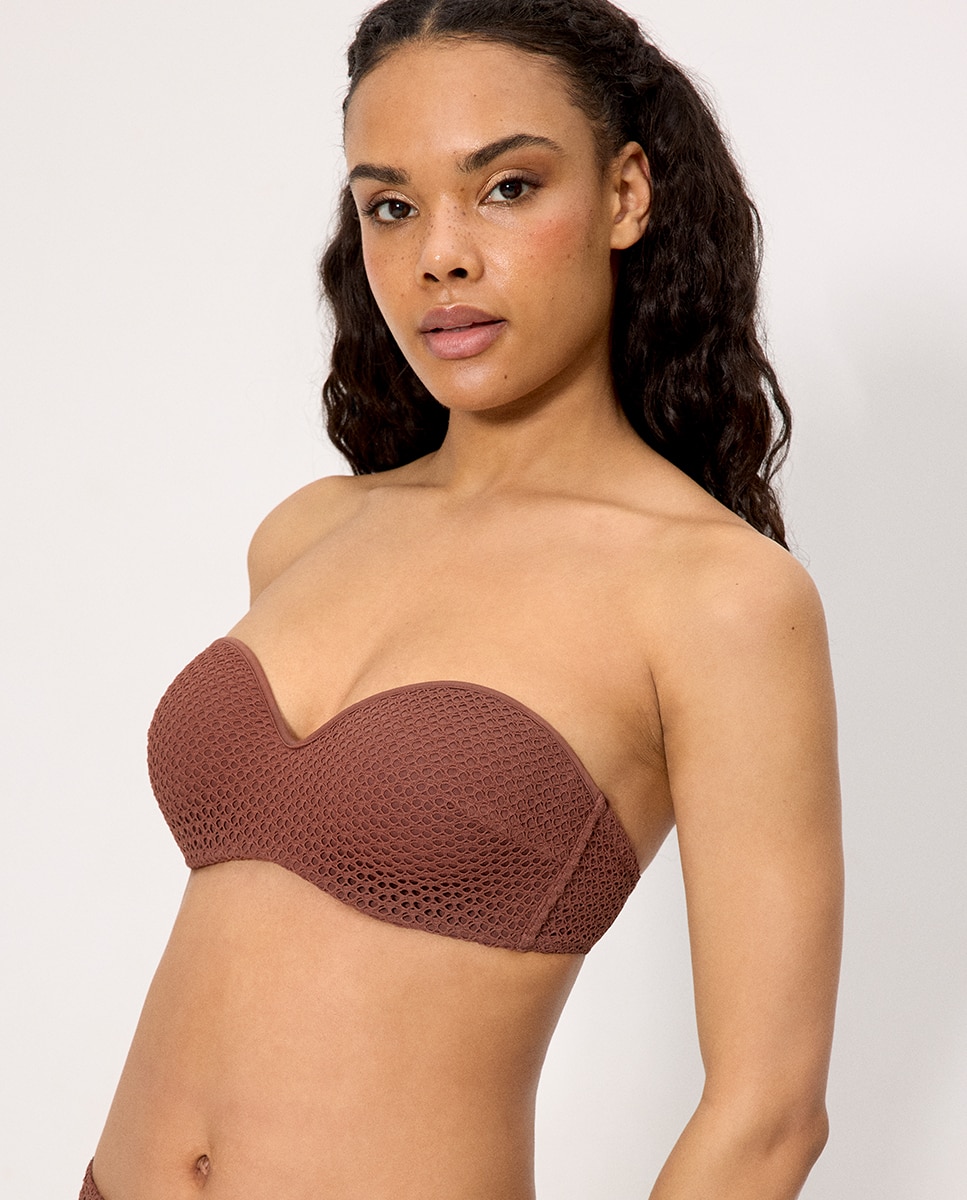 Tops de Biquíni Bandeau Tecido Perfurado em Copa C Castanho-3