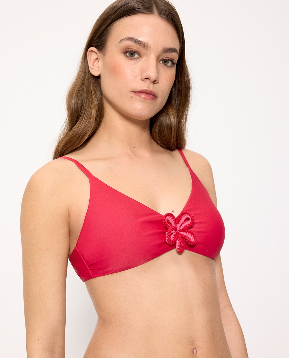 Tops de Biquíni Triângulo com Detalhe de Flor Crochet em Copa B Vermelho-3