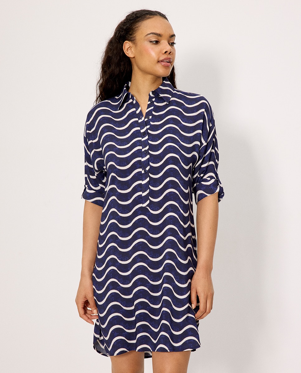 Vestidos de Praia Camisa Comprida Estampada Ondas Azul-escuro-1
